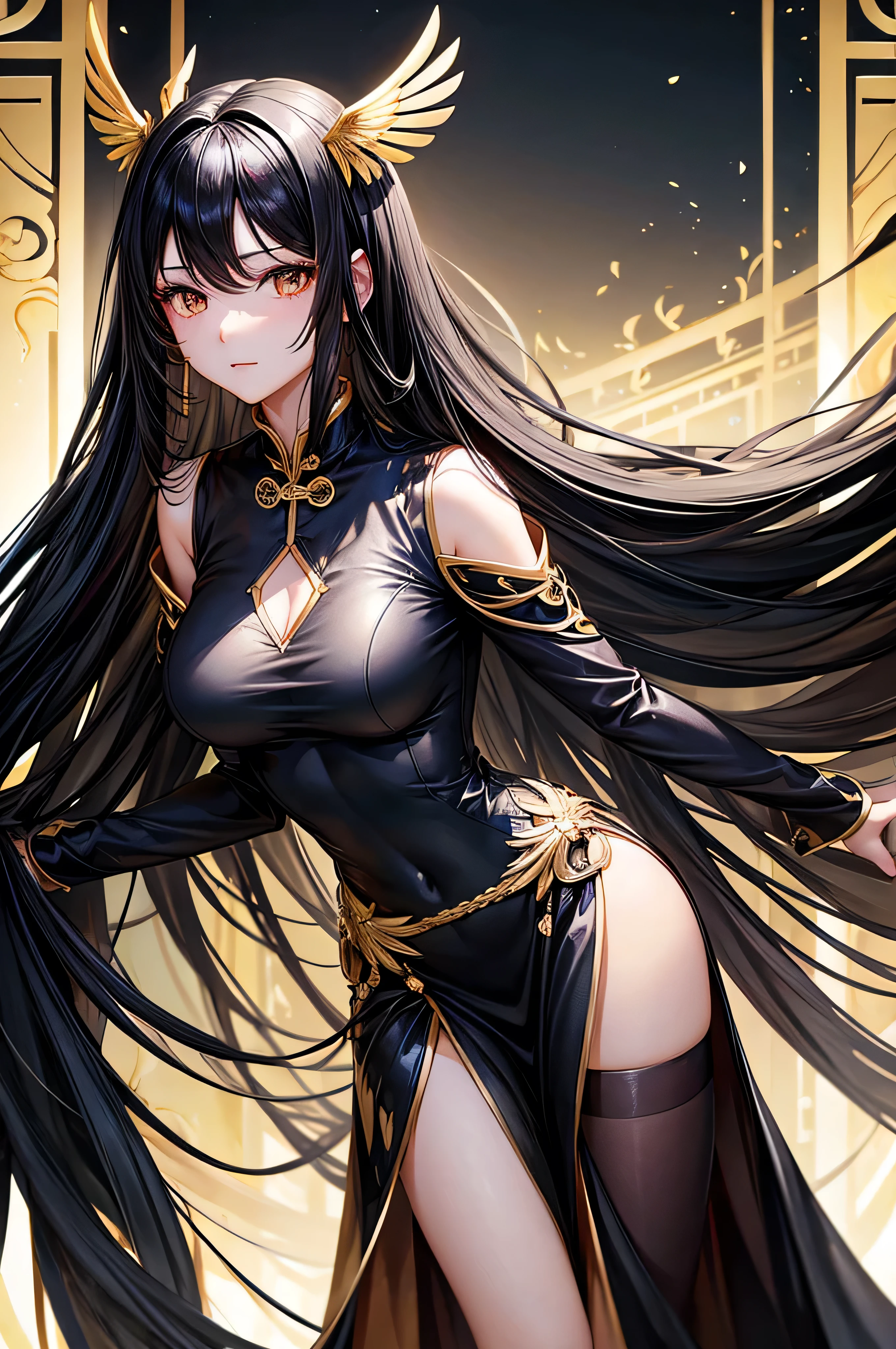 Long black hair, wing-shaped hair ornaments, cheongsam with gold edges, height 180cm, medium breasts, black-winged angel