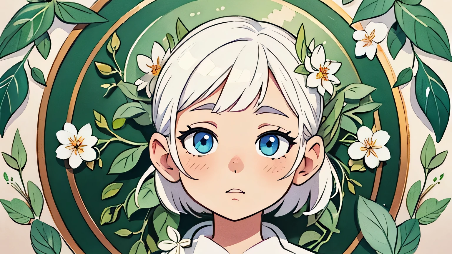 white pantyhose,no shoes, watercolor, masterpiece, best quality, extremely detailed, 1girl, full body, beautiful detailed eyes, cute anime face, full body, beautiful detailed face, white hair, (Botanical illustration:1.5), white dress,