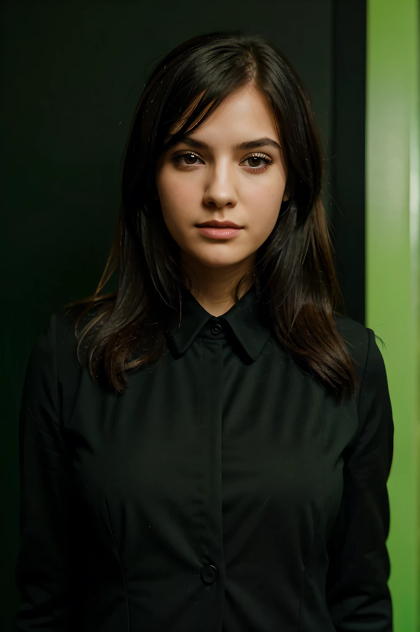 a girl in formal black suit, american face, green background