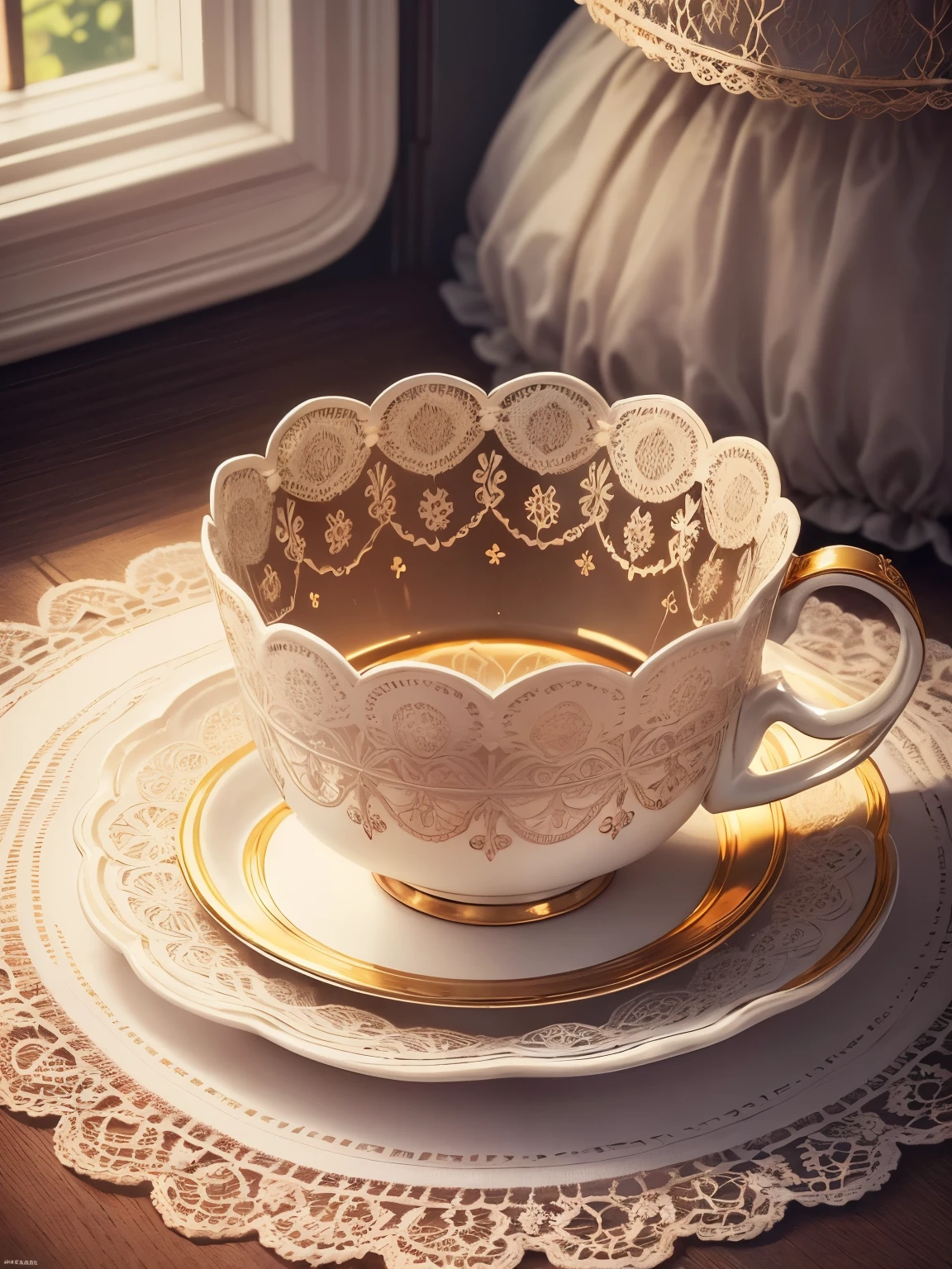 Vintage Elegance: Picture a delicate glass cup with intricate etched patterns and a golden rim. The cup is placed on a lace doily, surrounded by vintage tea accessories and a small bouquet of dried flowers, evoking a sense of timeless elegance.