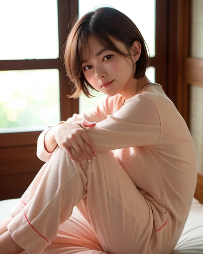 highest quality, Soft Light, (Depth of written boundary) ,Ultra-high resolution, RAW Photos ,(From the side) 1 Japanese girl, alone, cute, (shy, smile:1.1), (Brown eyes), Beautiful face in every detail, (short_hair), On the bed, (pajamas)