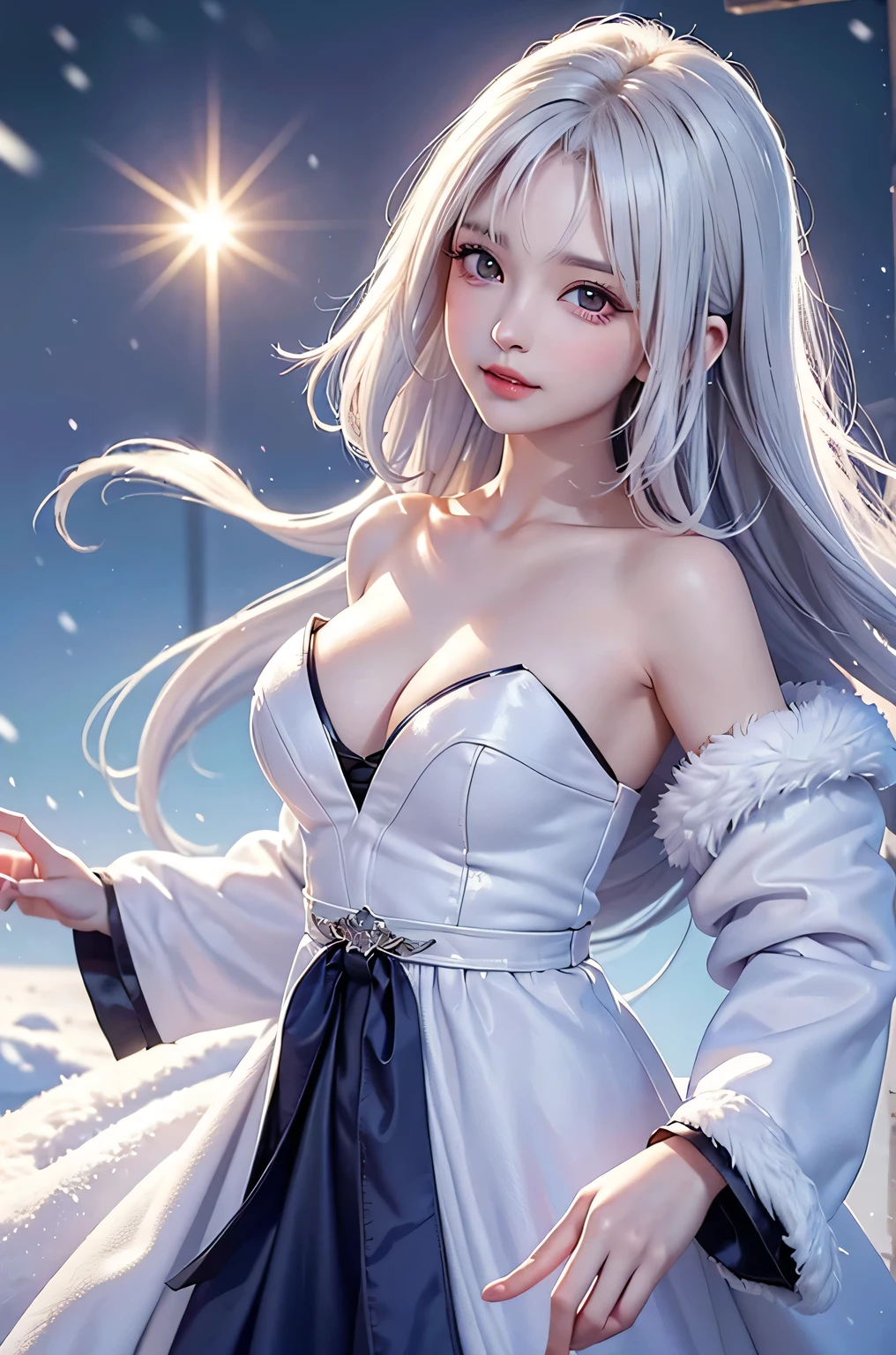 (Close-up)((masterpiece:1.5、8k、Tabletop、Photorealistic and very detailed CG、Very detailed、Particle Effects、Dynamic Effects、Written boundary depth、Cinematic Light、Lens flare、Ray Tracing、Tabletop、Realistic:1.4、超A high resolution、Realistic、Realistic))((alone、,Woman wearing a fur coat over an off-the-shoulder dress:1.4、Elegant woman posing:、Detailed face、brightexpression、young, bright, Whiter skin、medium beauty breasts、Best Looks、Ultimate beauty、White hair with shiny highlights、Bright and shiny straight bob hair、Hair dancing in the wind))(morning、fantastic snow background)