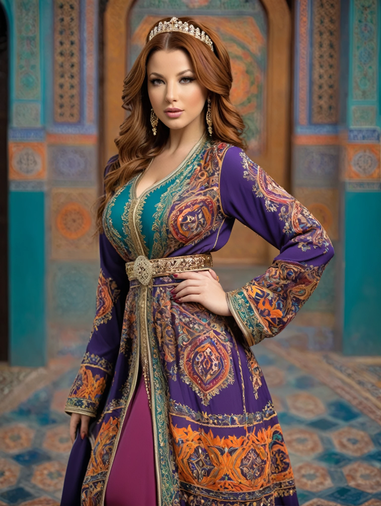 Hot sexy woman, large breast, intricate professional photography, hefty Skater Rachel Nichols, long qftan, background, vivid colors, patterns, intricate designs, colorful, rich colors, the, hassan, and, hijab, style
