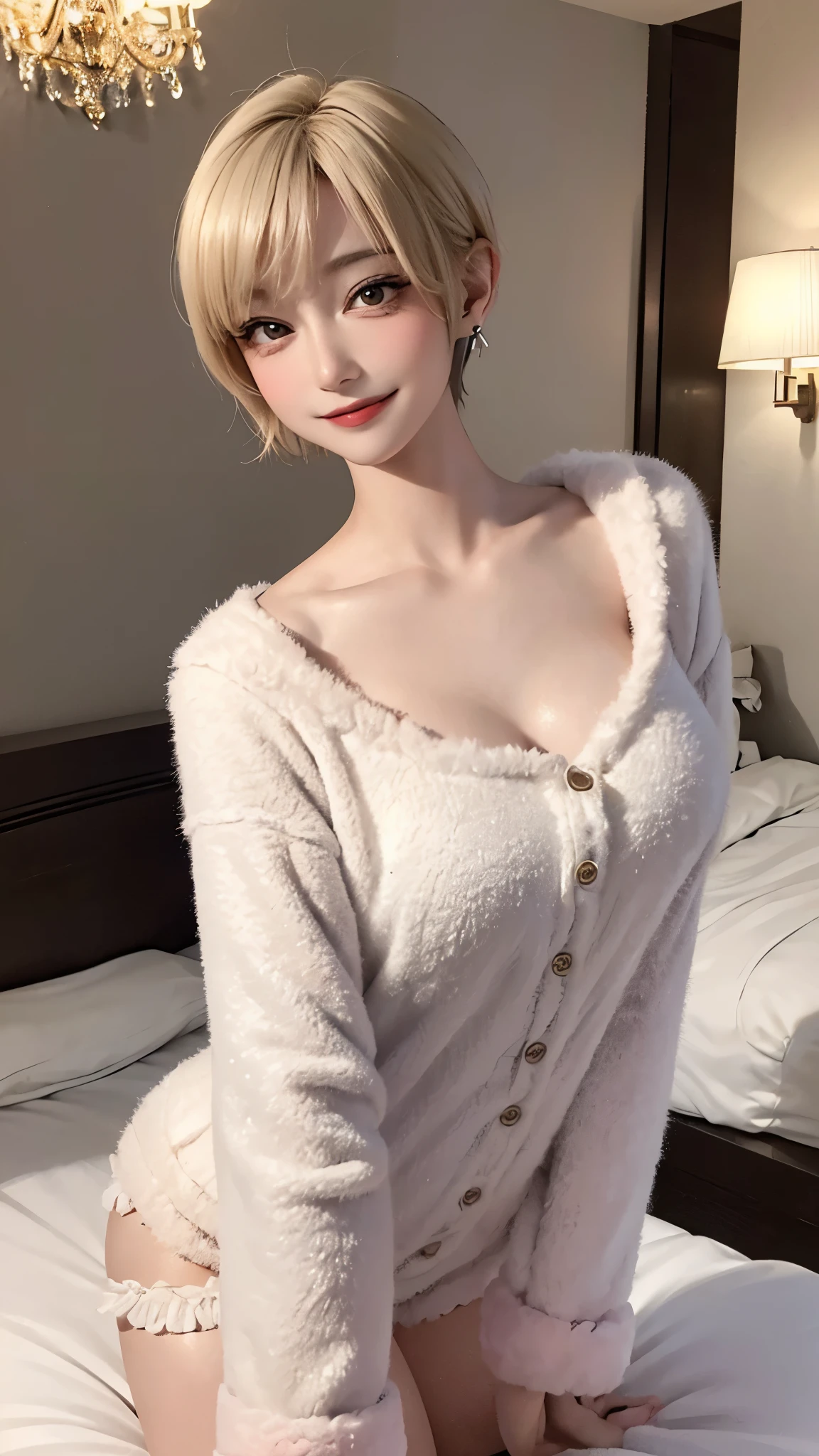(masterpiece, highest quality, highest quality, Official Art:1.2, Realistic depiction、Super Real、RAW quality、Lighting that matches the atmosphere), Beautiful Face、Perfect round ass、the body is スリム、(Accurate and detailed human body:1.5), Pale skin、Shiny bright eyes、Long eyelashes、Perfect and precise fingers, (Earrings,Big cleavage: 1.2, Shiny lip gloss,),
(((All these pajamas、Super fluffy fleece material:1.8, zetai ryoiki, All these pajamas、Super fluffy fleece materialで作られています. Mini shorts:1.3, Thick white horizontal stripes))), (Blonde pixie short hair:1.3)、A room with a living feel、(((Big Breasts))),Dark bedroom、Luxury Love Hotel、Bold Pose、(Sensual ecstatic smile:1.5)