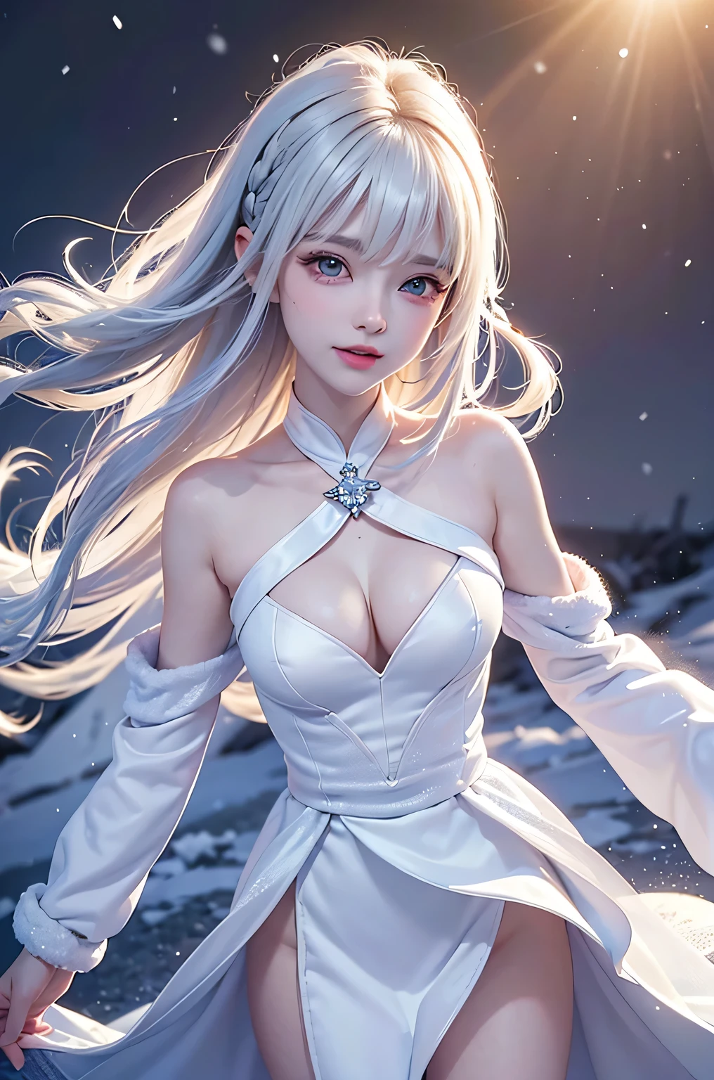 (Close-up)((masterpiece:1.5、8k、Tabletop、Photorealistic and very detailed CG、Very detailed、Particle Effects、Dynamic Effects、Written boundary depth、Cinematic Light、Lens flare、Ray Tracing、Tabletop、Realistic:1.4、超A high resolution、Realistic、Realistic))((alone、,Woman wearing a fur coat over an off-the-shoulder dress:1.4、Elegant woman posing:、Detailed face、brightexpression、young, bright, Whiter skin、medium beauty breasts、Best Looks、Ultimate beauty、White hair with shiny highlights、Bright and shiny straight bob hair、Hair dancing in the wind))(morning、fantastic snow background)