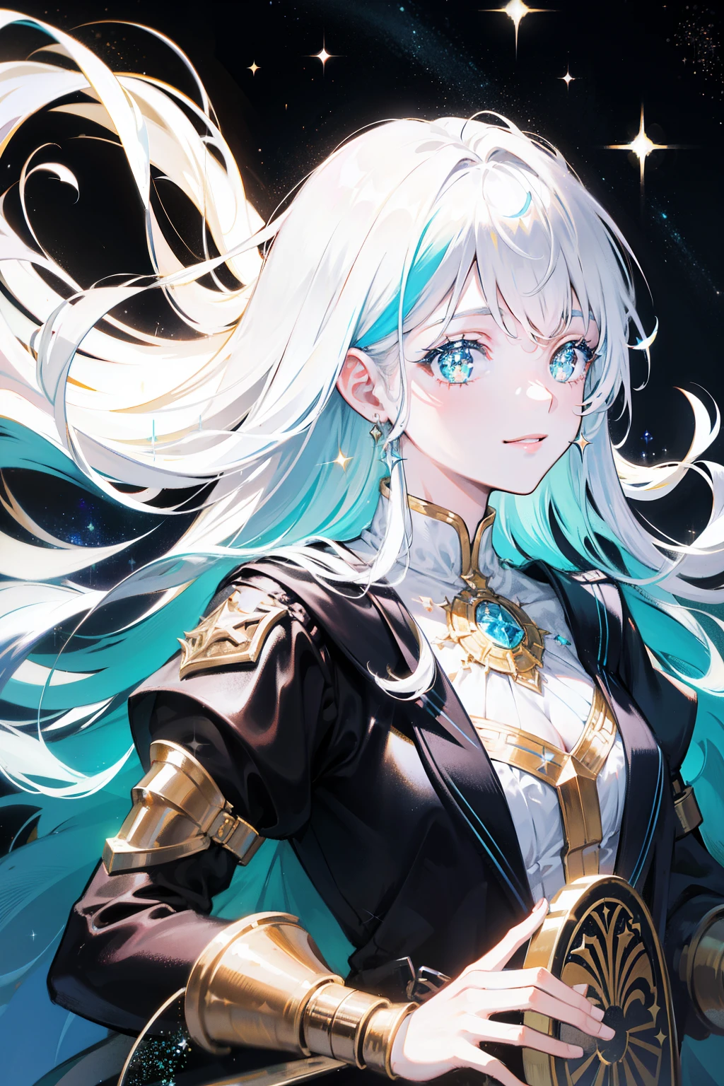 1girl, smile, iridescence, dramatic angle, space, (floating colorful sparkles:1.3), Dramatic Lighting, Chiaroscuro, Evocative Depth，((best quality)), ((masterpiece)), (detailed), Perfect face