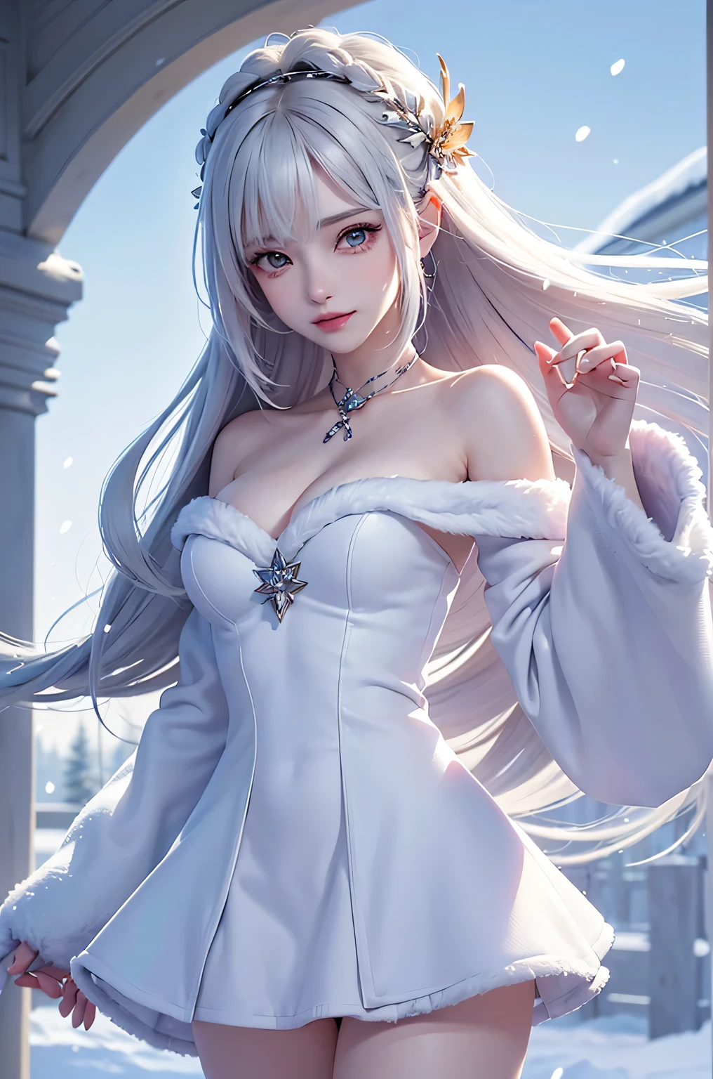 (Close-up)((masterpiece:1.5、8k、Tabletop、Photorealistic and very detailed CG、Very detailed、Particle Effects、Dynamic Effects、Written boundary depth、Cinematic Light、Lens flare、Ray Tracing、Tabletop、Realistic:1.4、超A high resolution、Realistic、Realistic))((alone、,Woman wearing a fur coat over an off-the-shoulder dress:1.4、Elegant woman posing:、Detailed face、brightexpression、young, bright, Whiter skin、medium beauty breasts、Best Looks、Ultimate beauty、White hair with shiny highlights、Bright and shiny straight bob hair、Hair dancing in the wind))(morning、fantastic snow background)
