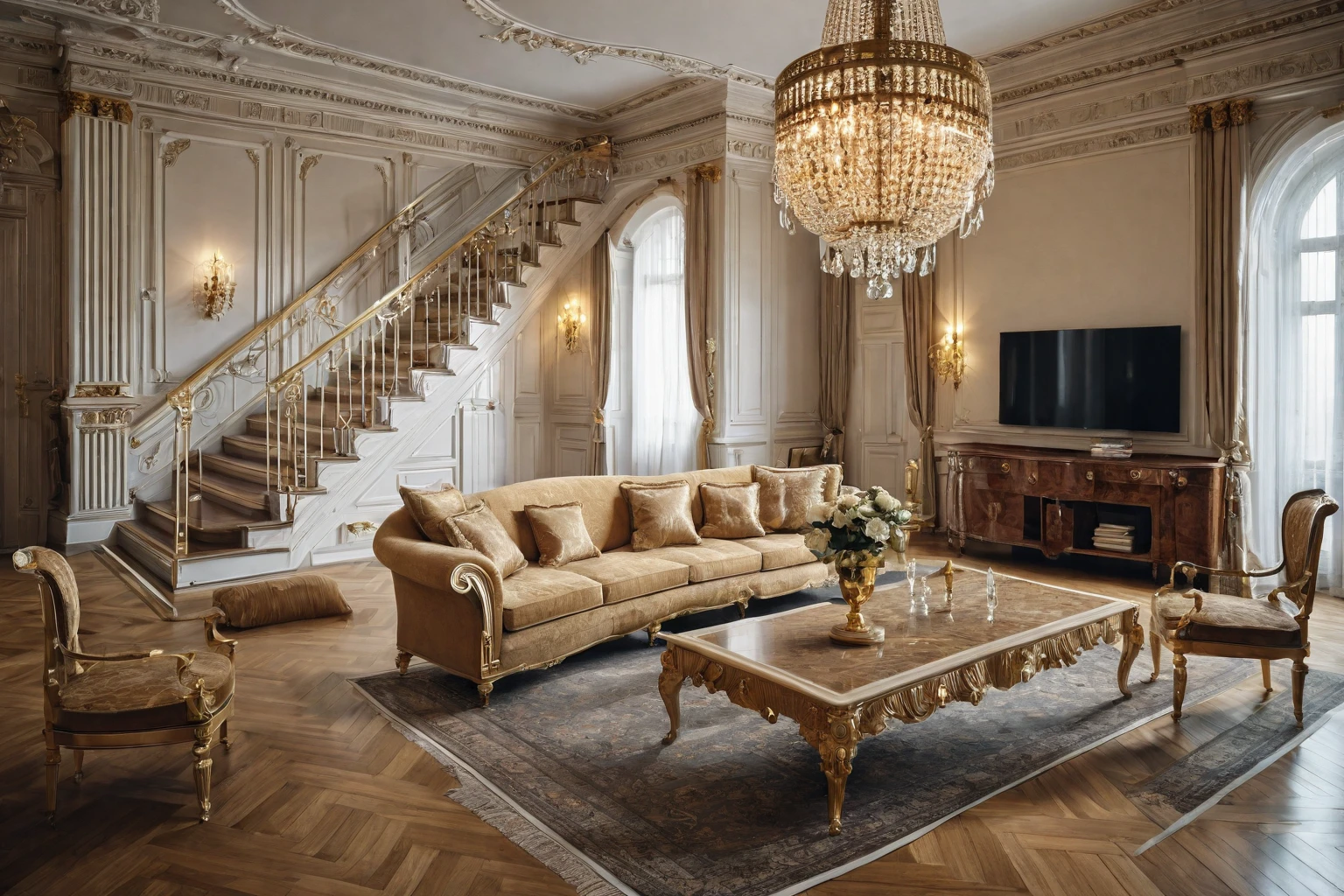 a view of a living room with a couch, chairs, and a chandelier, highly detailed interior, neo - classical style, neoclassical style, neoclassicism style, interior architecture view, interior living room, royal interior, classicism artstyle, library in the style of baroque, classicism style, realistic art deco, tall ceiling, detailed set design, high ceiling