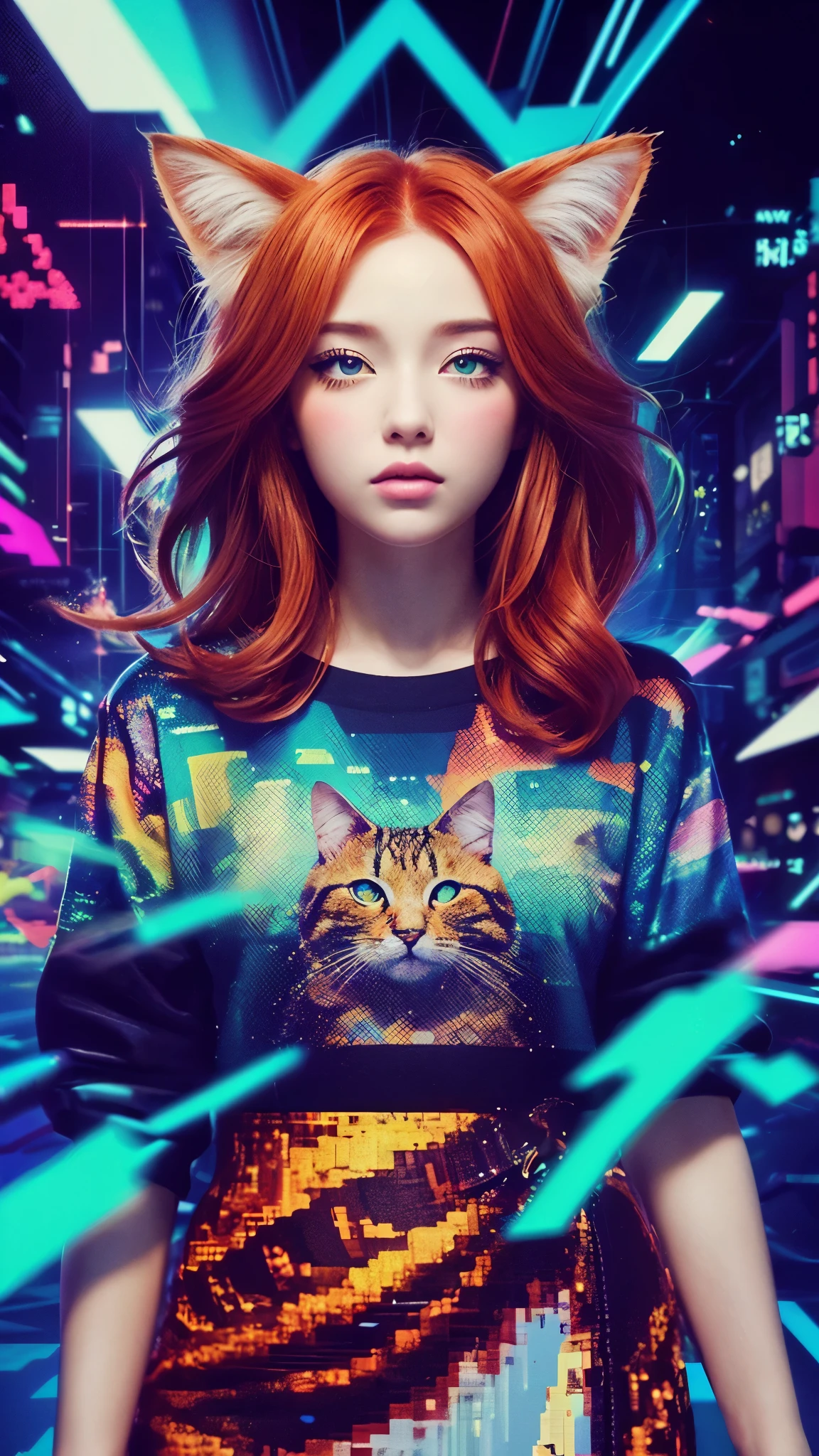 (masterpiece, highest quality, highest quality, Official Art, beautifully、aesthetic:1.2), One girl, Redhead, Cat ear, (Glitch Art), (Digital Distortion), Pixelated Fragments, Data Corruption,Colorful Noise, Visual clutter,Modern aesthetics