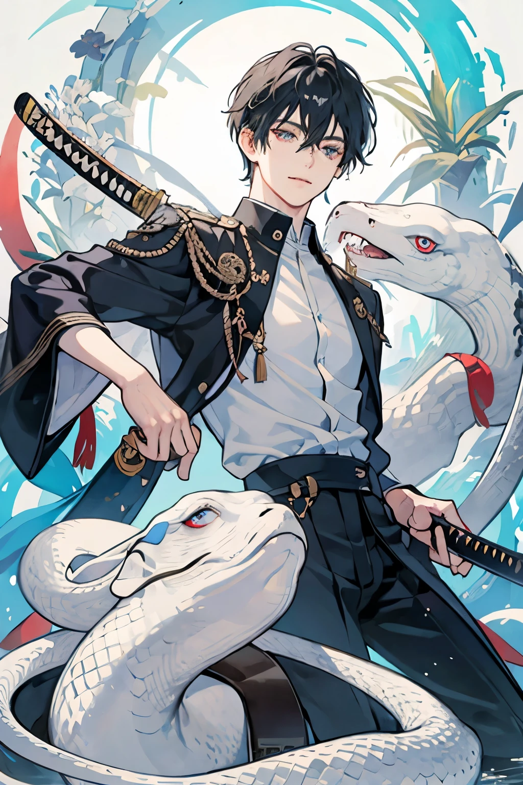 ultra detailed, masterpiece, best quality, (solo man), (male focus), ((Oblong face)), ((Square jawline)), black hair, ((hairs between eyes)), ((shoulder length)), ((narrow blue eye)), fair skin, skinny body, beauty mark, {uniform, outfit, clothes}, dress shirts, (Giving an insincere smile:0.7), (entangled a big albino snake), (holding katana), in a forest, full body