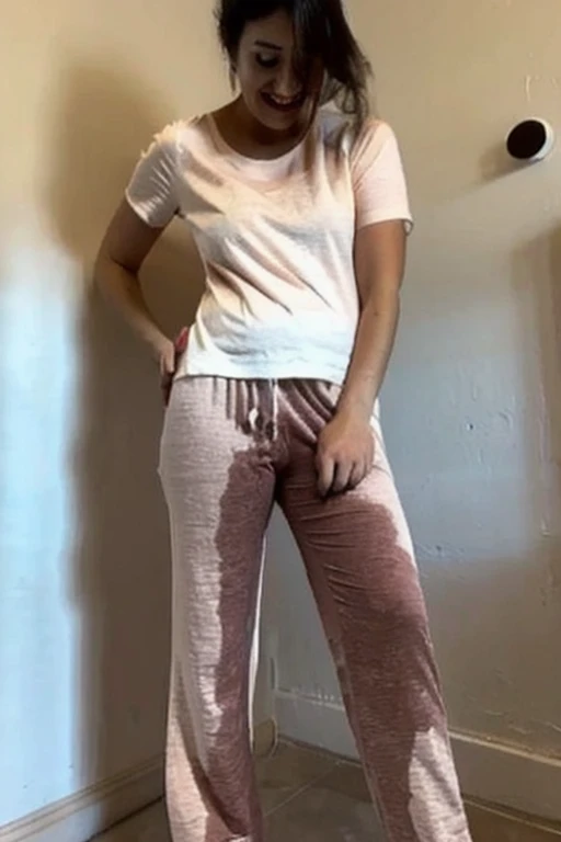 Pee scared, whole body, vietnamese face, white t-shirt: 1.2, pajama pants: 1.2, pee stain:1.2, pee:1.2 pee pants:1.2, pee skirt:1.2, wet patch,