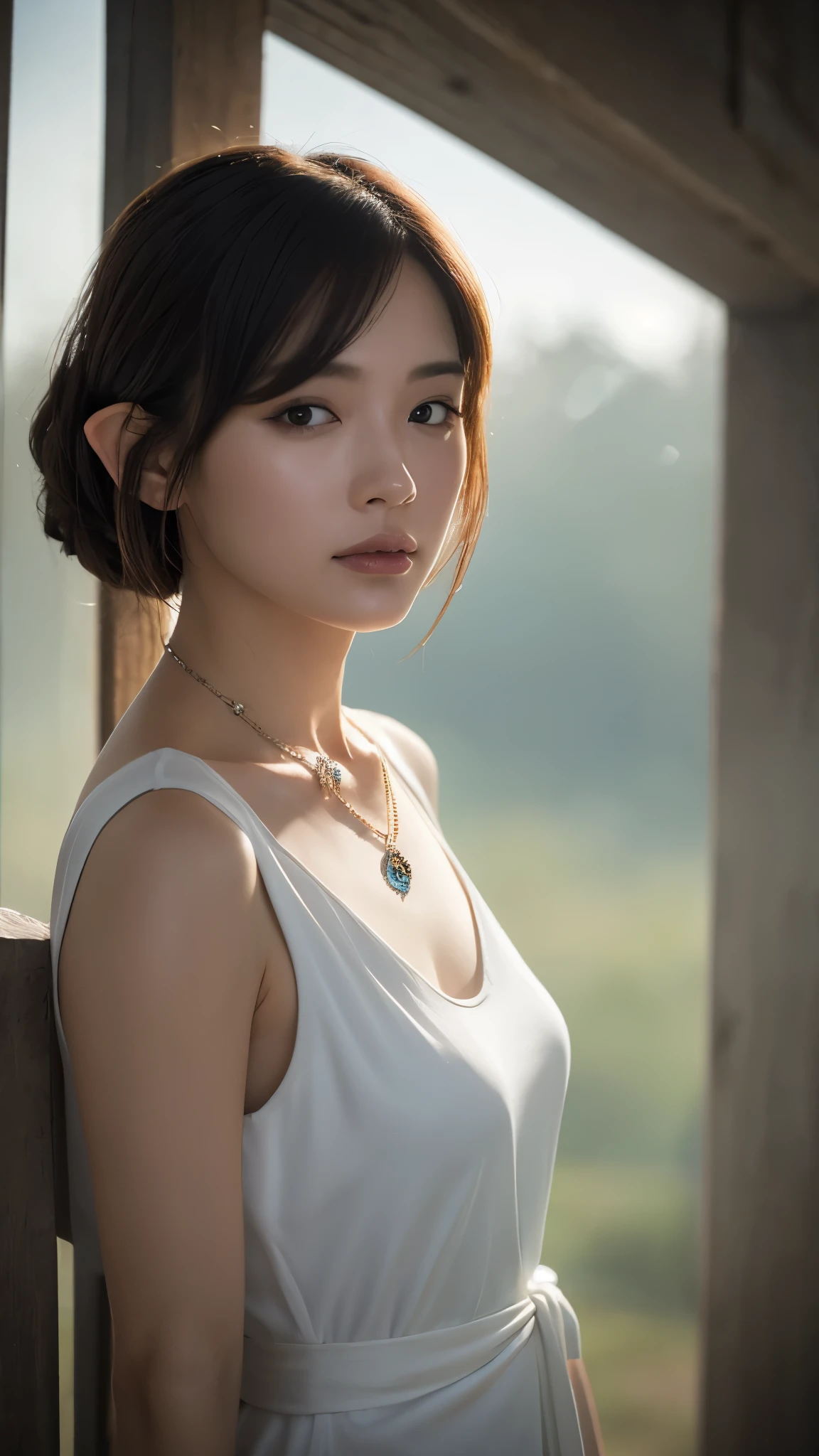 Waist shot of a female elf, complicated, Narrow Face, elegant, Wearing a sapphire necklace, White lightweight dress with straps, To the camera, Very detailed, Digital Painting, Art Station, Concept Art, Smooth, Sharp focus, figure, ArtJam、Greg Rutkowski、Art by Alphonse Mucha, 8k, Volumetric Fog, bloom, light, lumen, Crank blur
