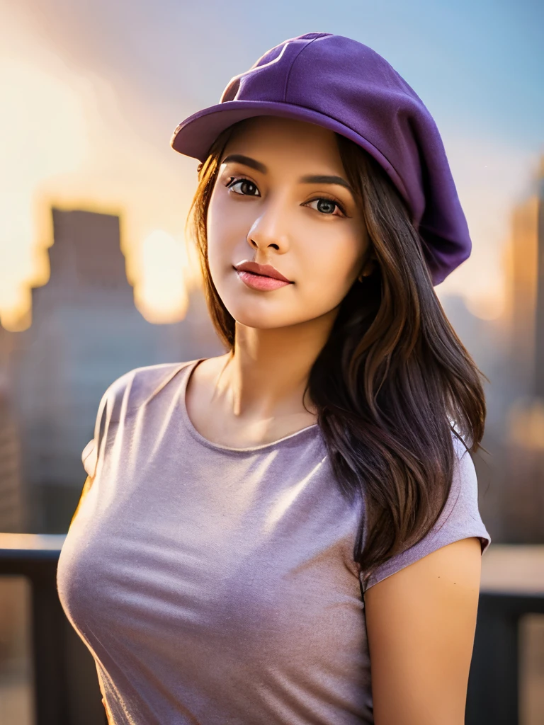 Professional looking photo mockup for a Bella canvas t shirt, a adult age 22 urban hispanic woman wearing a plain, heather team purple color t shirt and a yankee hat, front  view for the photo, a NYC  background that has a blurred portrait effect 