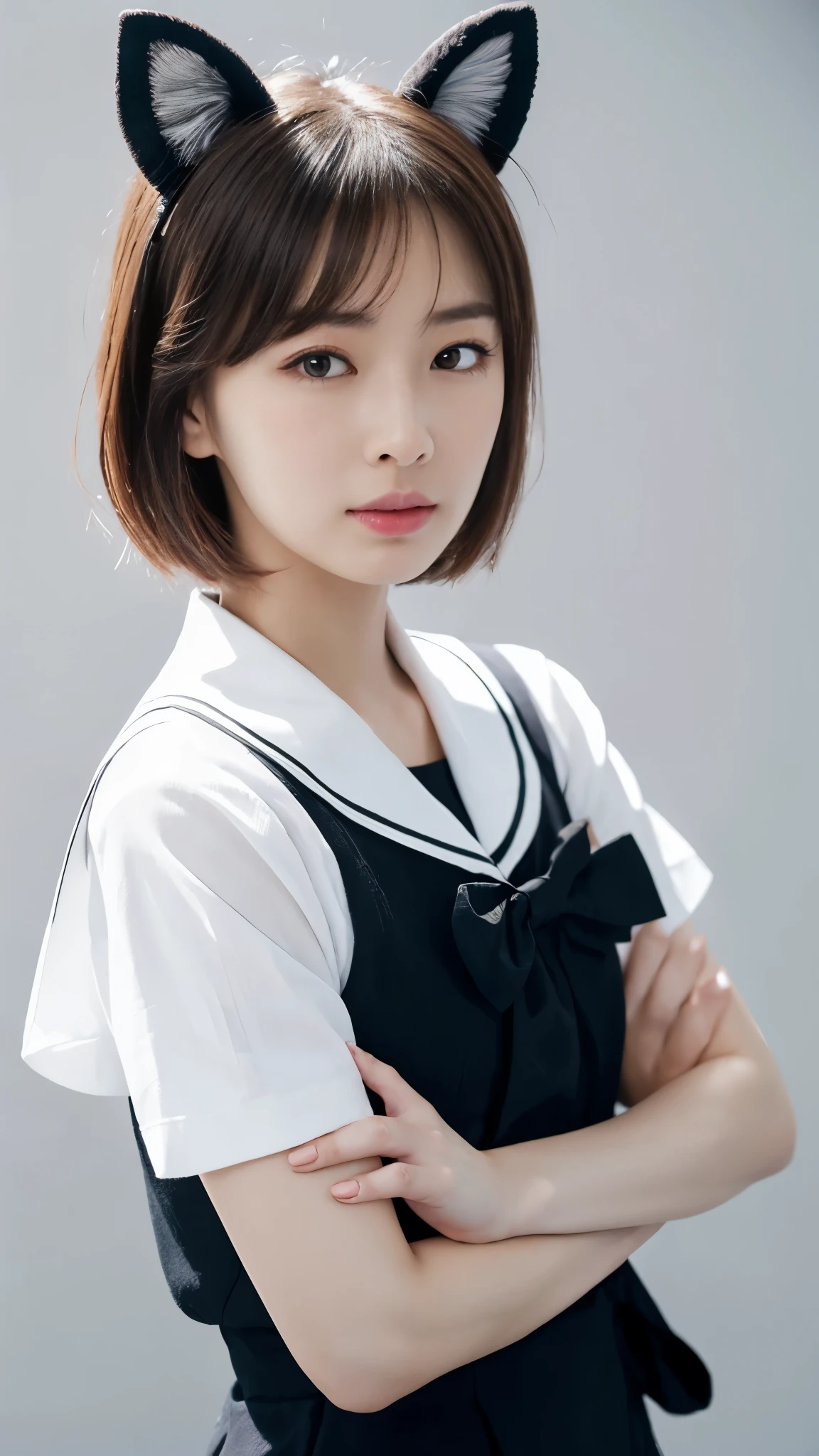 Photorealistic beautiful female student、18-year-old、amazingly beautiful、extremely fine-grained clarity、beautiful body、(highest quality、8K、32K、masterpiece、nffsw:1.3)、ultra high resolution,(Photoreal:1.4),RAW photo, detailed face,,beautiful hair, ,very short hair 、very short hair、amazingly beautiful二重まぶた、beautiful nipples、 natural makeup,, small perfect breasts, wet hair、detailed background, perfect lighting, Depth of written boundary, beautiful shadow gradation、thin limbs、thin thighs、(whole body)、((Short Sleeve Sailor Uniform Uniform、high school girl、Short navy blue skirt))、((stylish cafe、Inside the store、cafe table and stylish chairs、coffee、Control your laptop))、Beautiful and slim perfect body、beautiful high nose、Landscape
