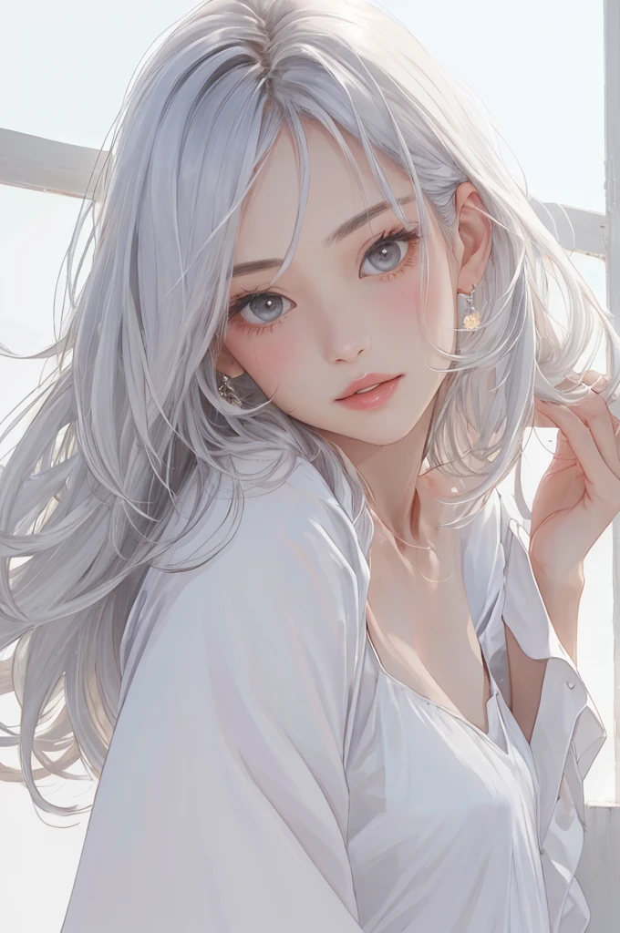 Best Creator，1 beautiful girl、Big round eyes、１By people、Realistic、lips、Tabletop、highest quality、Excellent anatomy、Skin Texture、White Background、Small breasts、White Satin Blouse、Glitter、Gray Hair、Long Hair、Beautiful memories、White Tone、Warm Light