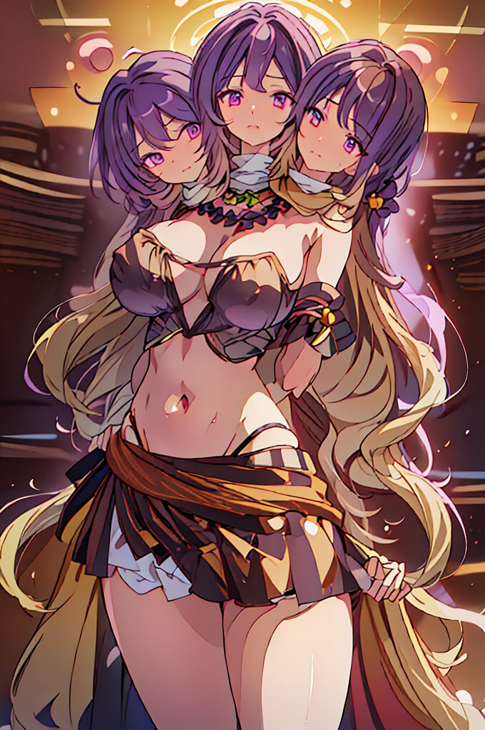 (masterpiece, best quality), best quality, (ultra-detailed), (3heads:1.5), 1girl, (byakuren hijiri:1.3), masterpiece, best quality, ultra quality, ultra resolution, ultra detail, black and white top, crop top, ((stomach)), midriff, ((groin)), black and white skirt, normal ears, shackles, light brown hair that fades to purple at the top, very long hair, wavy hair, sidelocks, hazel eyes, detailed eyes, parted lips, open belly, sweat, cute, toned belly, hand on own chest, eyelashes, (25 year old woman:1.3), (masterpiece:1.5), (best quality:1.5), (beautiful detailed), extremely detailed CG, extremely delicate and beautiful, depth of field, (finely detailed face), (perfect details:1.2), (mature female:1.3), wide pelvis, slender, large veiny breast, 16k resolution, highres, very high quality, very high definition, extremely detailed, masterpiece, light brown hair that fades to purple at the top hair, long hair, alluring presence, braid, short skirt, close up, big tits, young, nsfw,
