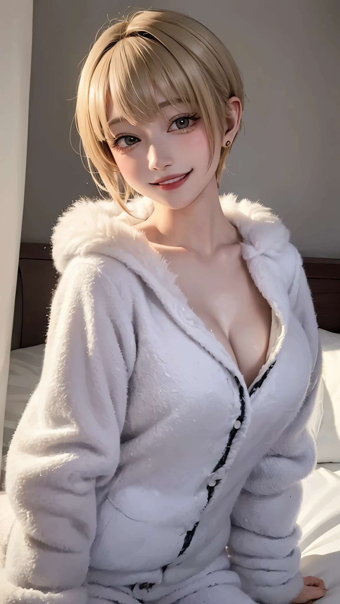 (masterpiece, highest quality, highest quality, Official Art:1.2, Realistic depiction、Super Real、RAW quality、Lighting that matches the atmosphere), Beautiful Face、Perfect round ass、the body is スリム、(Accurate and detailed human body:1.5), Pale skin、Shiny bright eyes、Long eyelashes、Perfect and precise fingers, (Earrings,Big cleavage: 1.2, Shiny lip gloss,),
(((All these pajamas、Super fluffy fleece material:1.8, zetai ryoiki, All these pajamas、Super fluffy fleece materialで作られています. Mini shorts:1.3, Thick white horizontal stripes))), (Blonde pixie short hair:1.3)、A room with a living feel、(((Big Breasts))),Dark bedroom、Luxury Love Hotel、Bold Pose、(Sensual ecstatic smile:1.5)