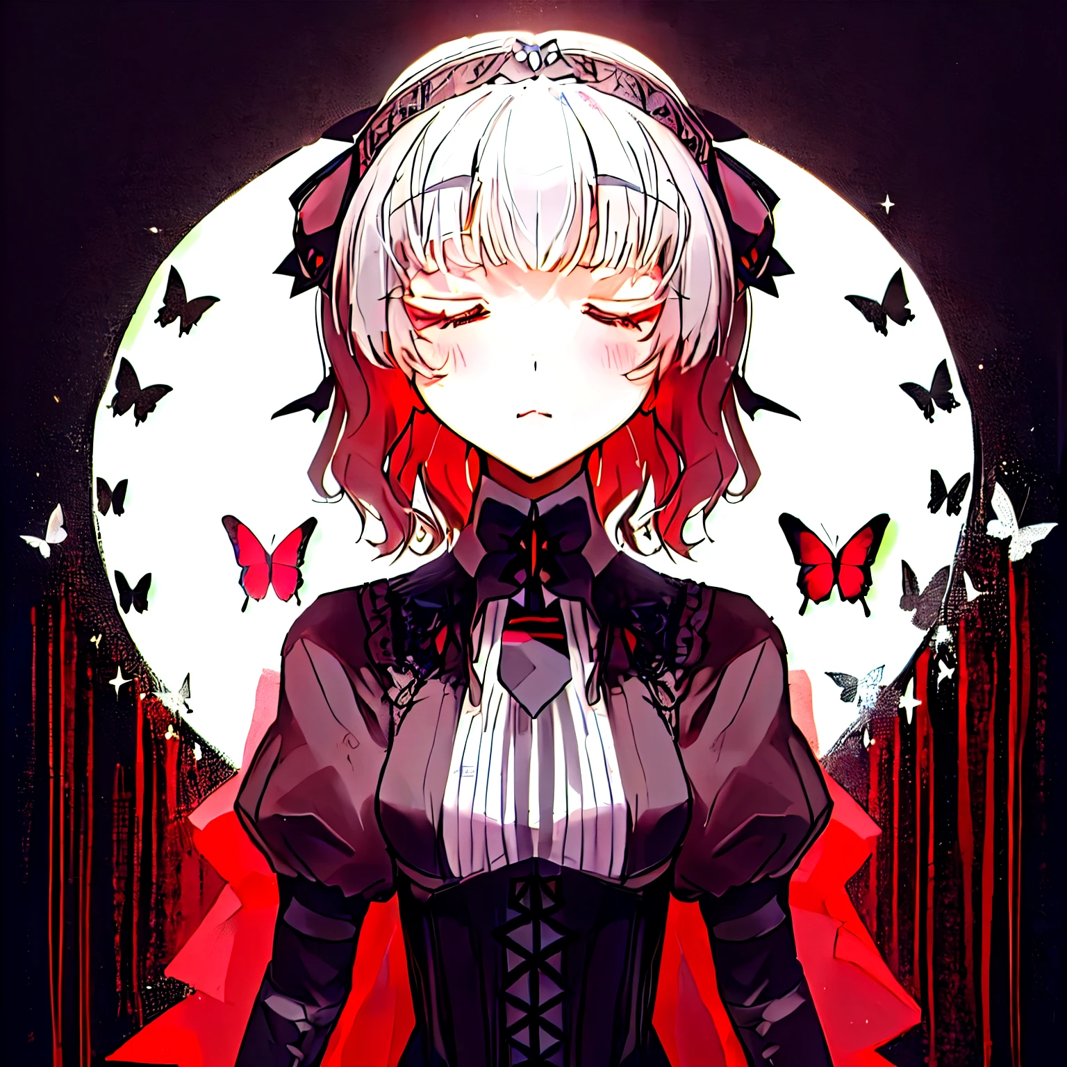 gothic ta, closed eyes, red tie, black and white butterfly on the neck