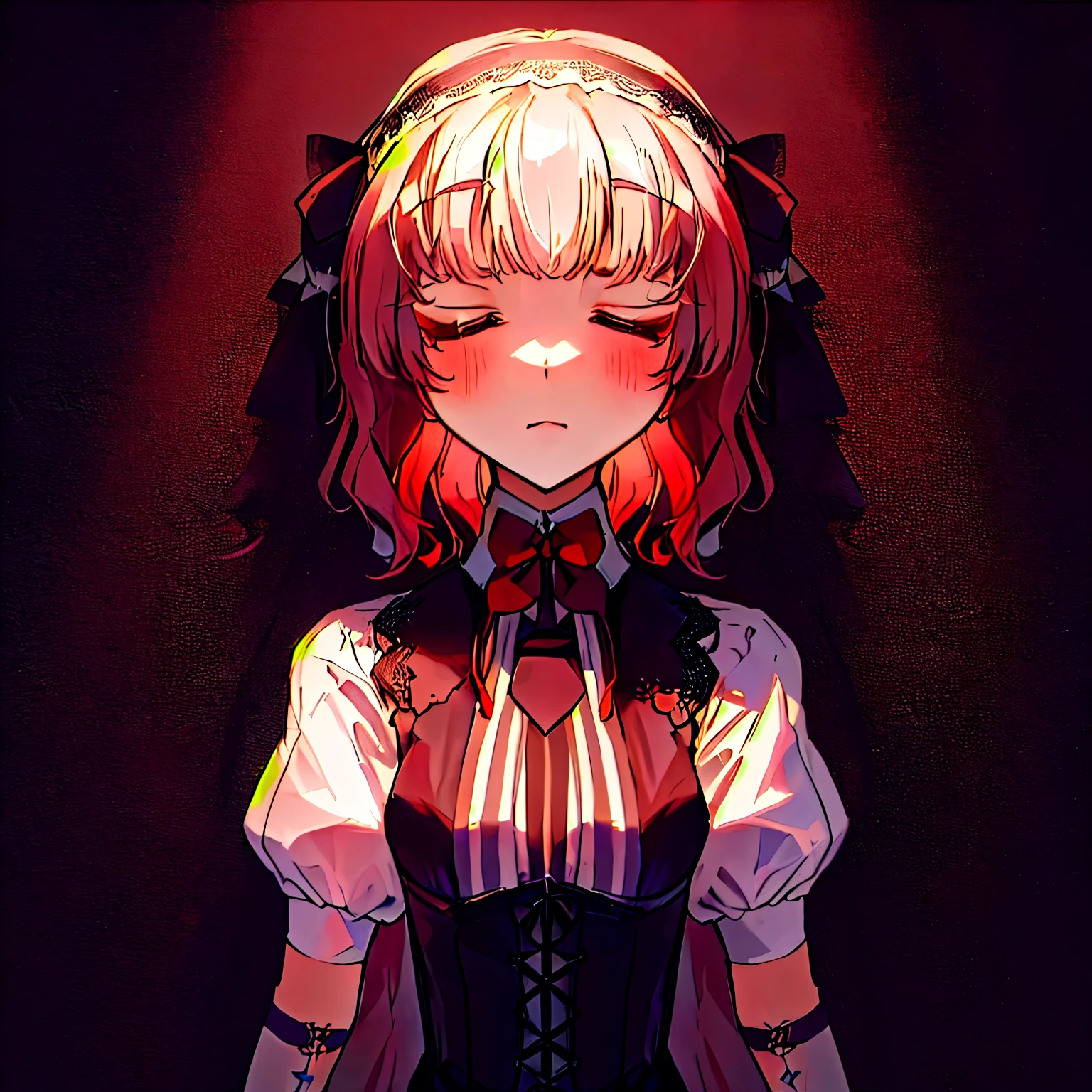 gothic ta, closed eyes, small red tie on neck