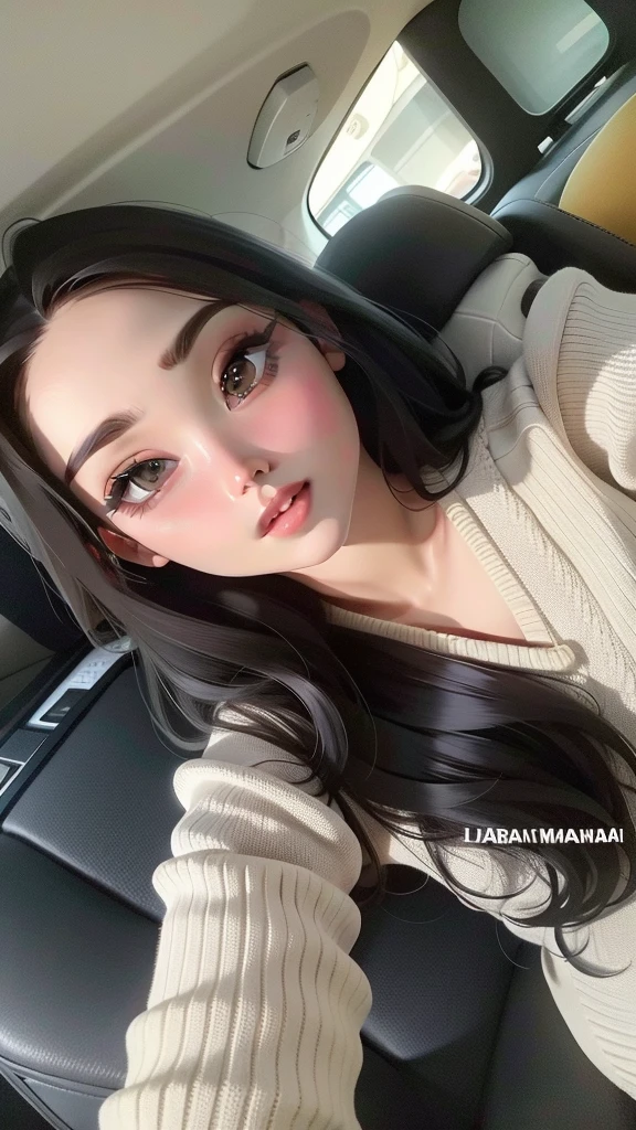seseorang wanita muda berusia 20 cantik yang duduk di kursi belakang mobil. wanita tersebut memiliki rambut gelap dan mengenakan sweater berwarna terang, mungkin berwarna beige, dengan pola bergelombang. Interior mobil berwarna hitam, dan terlihat sabuk pengaman. Jendela menampilkan cahaya matahari di luar, menunjukkan bahwa mungkin siang hari.