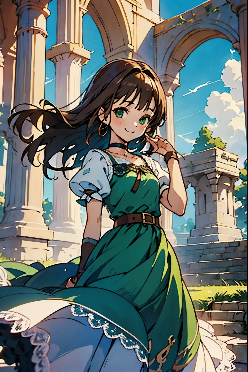 1girl, brown hair, green eyes, fantasy world, ruins, fort, beautiful sky, shining sky, sunshine, smiling, waving, camisoles, belts, arm warmer, ribbon choker, wind blowing dress, lace dress, no sleeves, two hands, perfect fingers, five fingers