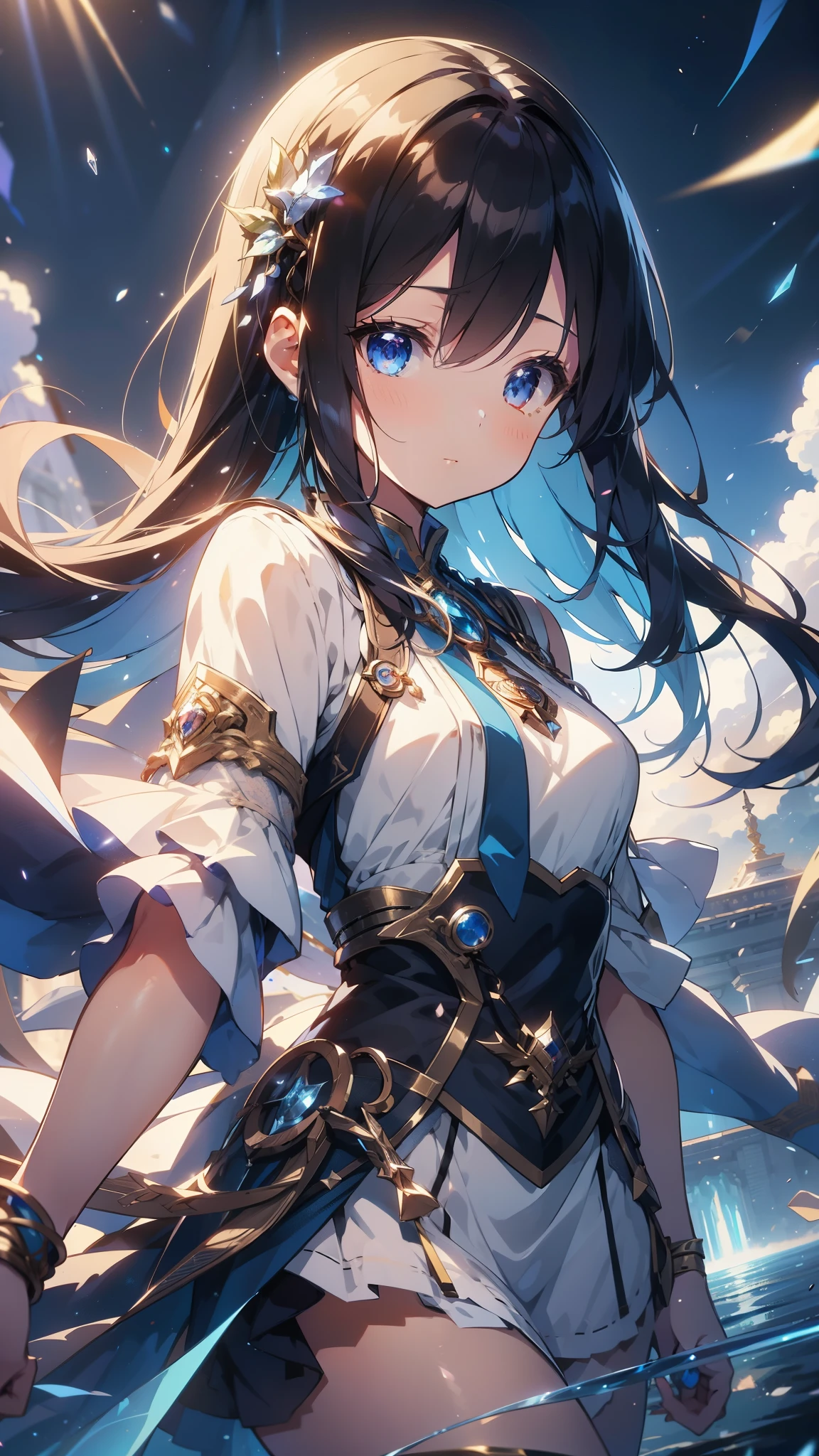 anime,depth of field, cinematic lighting, lens flare, f/1.2,(masterpiece:1.2),(high definition),Glass-like transparency、Fantasy、mysterious、girl１people、cute、Fantasyな背景、Overall bright
