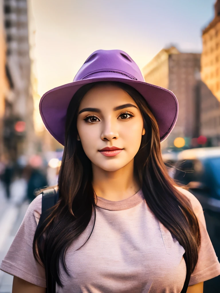 Professional looking photo mockup for a Bella canvas t shirt, a adult age 22 urban hispanic woman wearing a plain, heather team purple color t shirt and a yankee hat, front view for the photo, a NYC background that has a blurred portrait effect