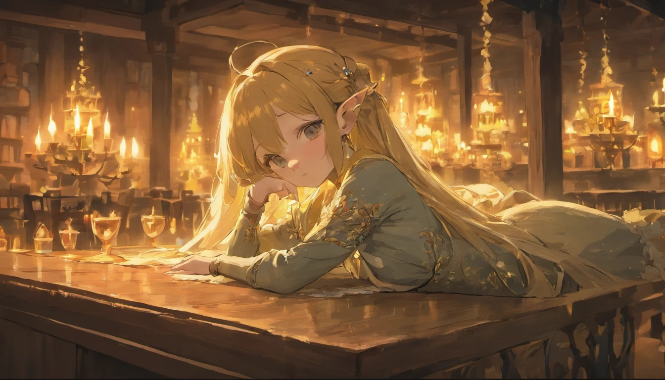 sleeping!! In a warmly lit tavern, a young female elf with long, dark hair and pointed ears is peacefully sleeping on a wooden table. Her head rests on her arms, and her face has a calm, contented expression. She wears an elegant, dark-colored outfit with intricate patterns and a star-shaped crown adorned with sharp, geometric shapes. The scene is illuminated by numerous candles, casting a soft, golden glow that enhances the cozy and intimate atmosphere. In the background, other patrons are engaged in quiet conversation, their figures blurred by the warm light. The overall setting exudes a sense of tranquility and gentle enchantment.