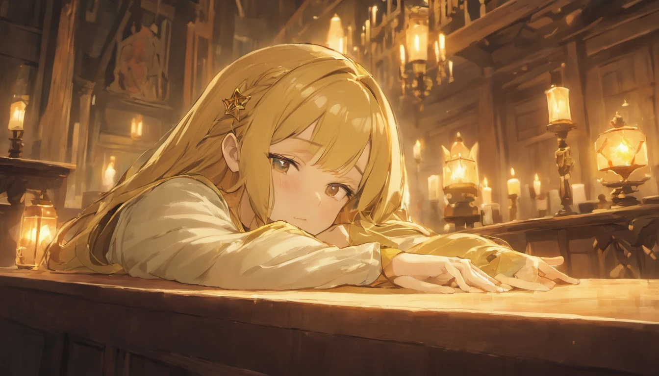 sleeping!! In a warmly lit tavern, a young female elf with long, dark hair and pointed ears is peacefully sleeping on a wooden table. Her head rests on her arms, and her face has a calm, contented expression. She wears an elegant, dark-colored outfit with intricate patterns and a star-shaped crown adorned with sharp, geometric shapes. The scene is illuminated by numerous candles, casting a soft, golden glow that enhances the cozy and intimate atmosphere. In the background, other patrons are engaged in quiet conversation, their figures blurred by the warm light. The overall setting exudes a sense of tranquility and gentle enchantment.