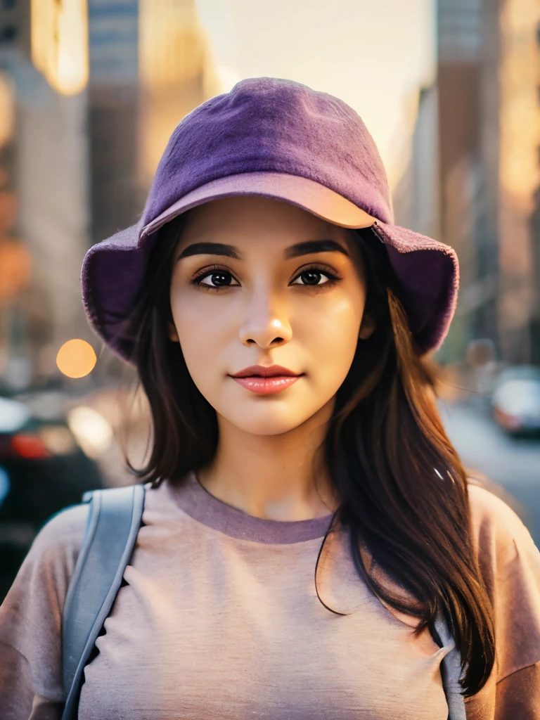 Professional looking photo mockup for a Bella canvas t shirt, a adult age 22 urban hispanic woman wearing a plain, heather team purple color t shirt and a yankee hat, front  view for the photo, a NYC  background that has a blurred portrait effect 