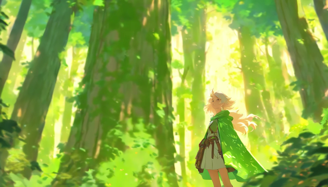 "In a vibrant, sunlit forest, a young female adventurer with short, white hair stands looking back over her shoulder. She has a determined and friendly expression on her face, with eyes filled with curiosity and confidence. She is wearing a green cloak that flows gracefully in the breeze and a light tunic underneath. The forest is lush and full of tall trees with light filtering through the canopy, casting a beautiful, dappled pattern on the forest floor. The background is filled with shades of green, creating a lively and refreshing atmosphere. Her belt is adorned with various pouches and tools, indicating she is well-prepared for her journey. The overall scene captures a sense of exploration, adventure, and the beauty of nature."