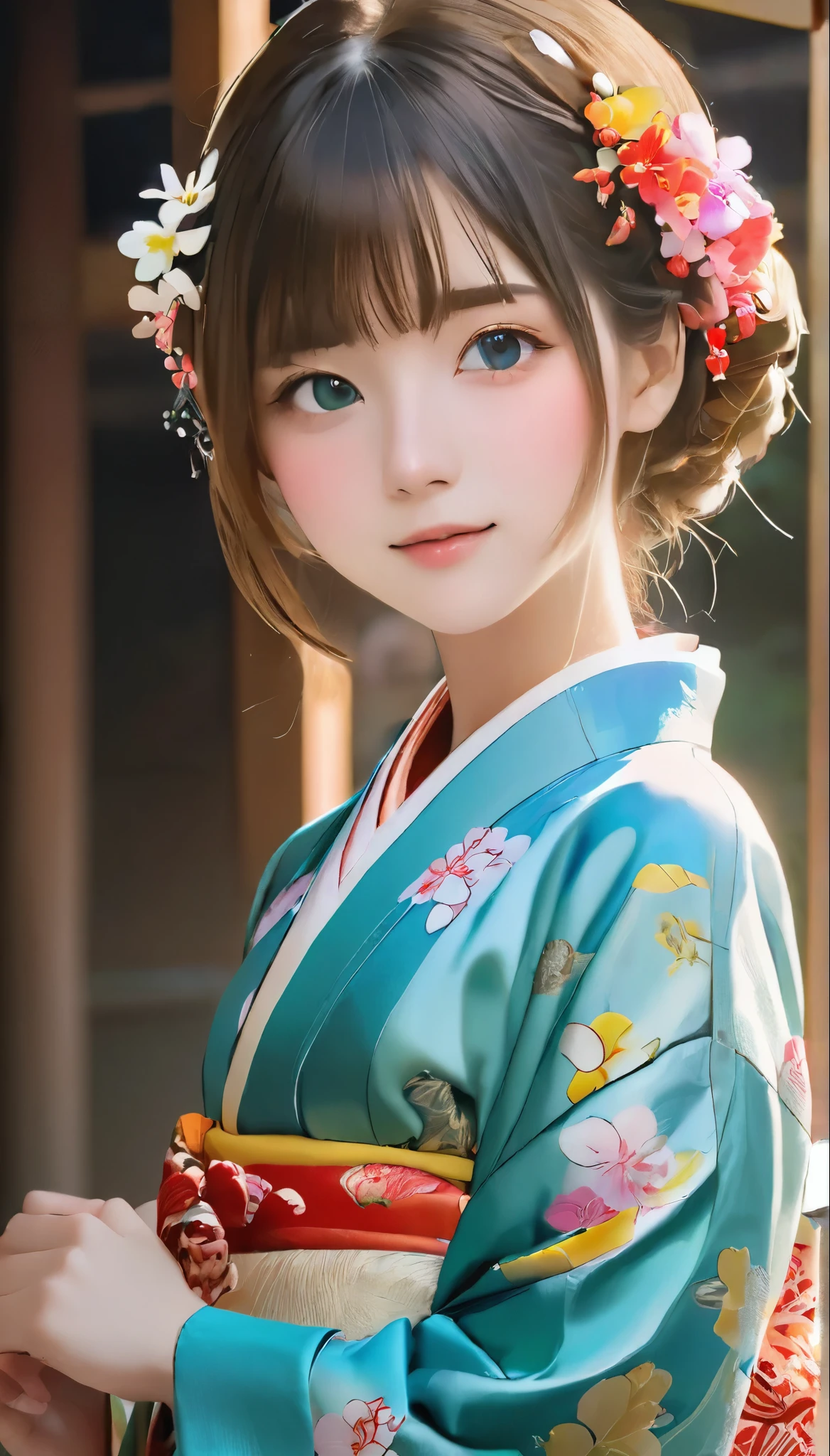 RAW Photos、Realistic、highest quality、Masterpiece、Girl in kimono costume with flowers in her hair, Cute waifu in a nice dress, Portrait of a beautiful girl, Young girl, in kimono, In kimono, pretty girl, Beautiful girls, pretty girl portraits, palace ，Girl in kimono, pretty girl, Gweiz-style artwork, Portrait of a girl