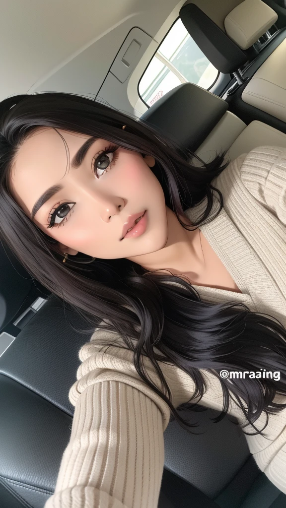 seseorang wanita muda berusia 20 cantik yang duduk di kursi belakang mobil. wanita tersebut memiliki rambut gelap dan mengenakan sweater berwarna terang, mungkin berwarna beige, dengan pola bergelombang. Interior mobil berwarna hitam, dan terlihat sabuk pengaman. Jendela menampilkan cahaya matahari di luar, menunjukkan bahwa mungkin siang hari.
