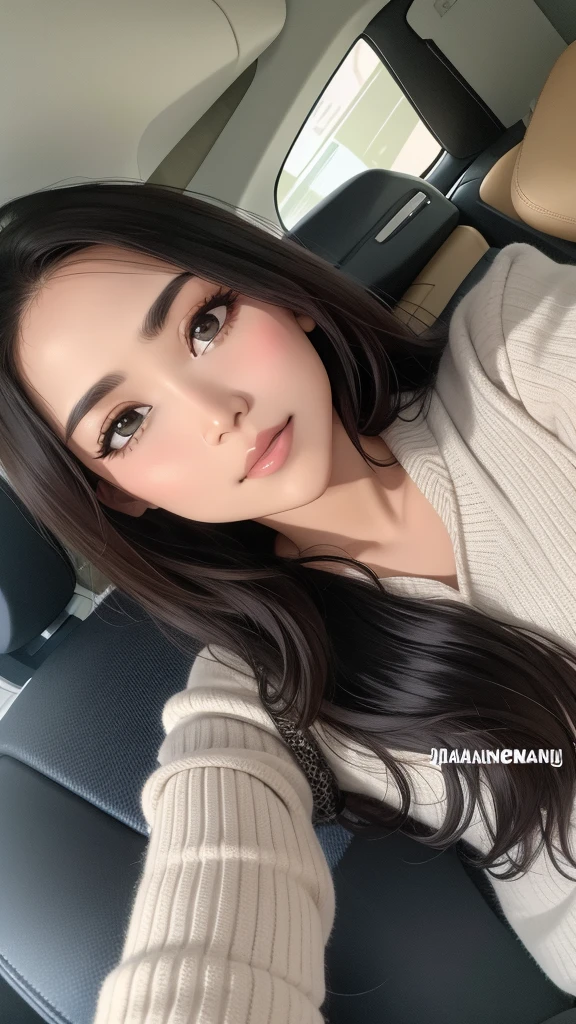 seseorang wanita muda berusia 20 cantik yang duduk di kursi belakang mobil. wanita tersebut memiliki rambut gelap dan mengenakan sweater berwarna terang, mungkin berwarna beige, dengan pola bergelombang. Interior mobil berwarna hitam, dan terlihat sabuk pengaman. Jendela menampilkan cahaya matahari di luar, menunjukkan bahwa mungkin siang hari.