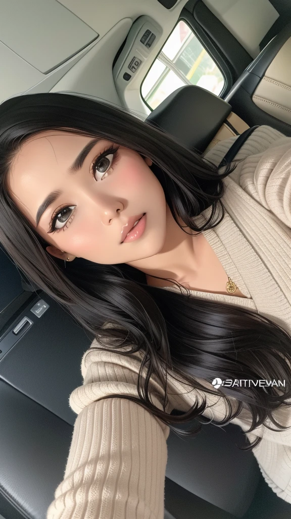 seseorang wanita muda berusia 20 cantik yang duduk di kursi belakang mobil. wanita tersebut memiliki rambut gelap dan mengenakan sweater berwarna terang, mungkin berwarna beige, dengan pola bergelombang. Interior mobil berwarna hitam, dan terlihat sabuk pengaman. Jendela menampilkan cahaya matahari di luar, menunjukkan bahwa mungkin siang hari.