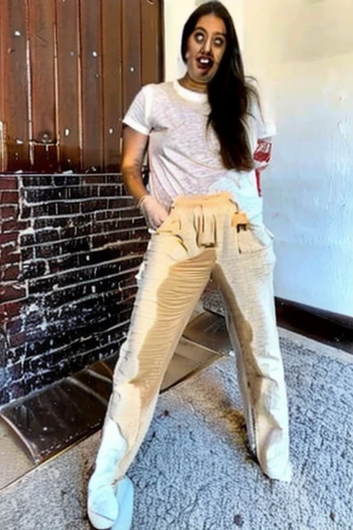 Pee scared, whole body, japanese face, white t-shirt: 1.2, black culotte pants: 1.2, pee stain:1.2, pee:1.2 pee pants:1.2, pee skirt:1.2, wet patch,