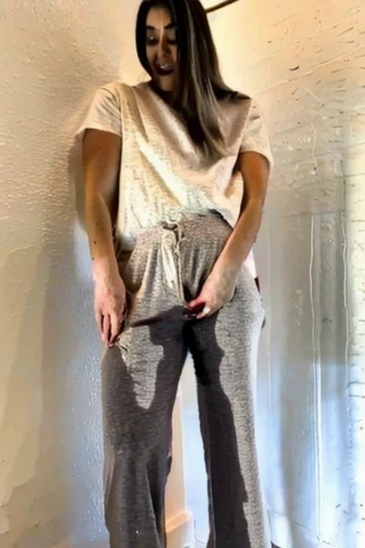 Pee scared, whole body, japanese face, white t-shirt: 1.2, black tte pants: 1.2, pee stain:1.2, pee:1.2 pee pants:1.2, pee skirt:1.2, wet patch,