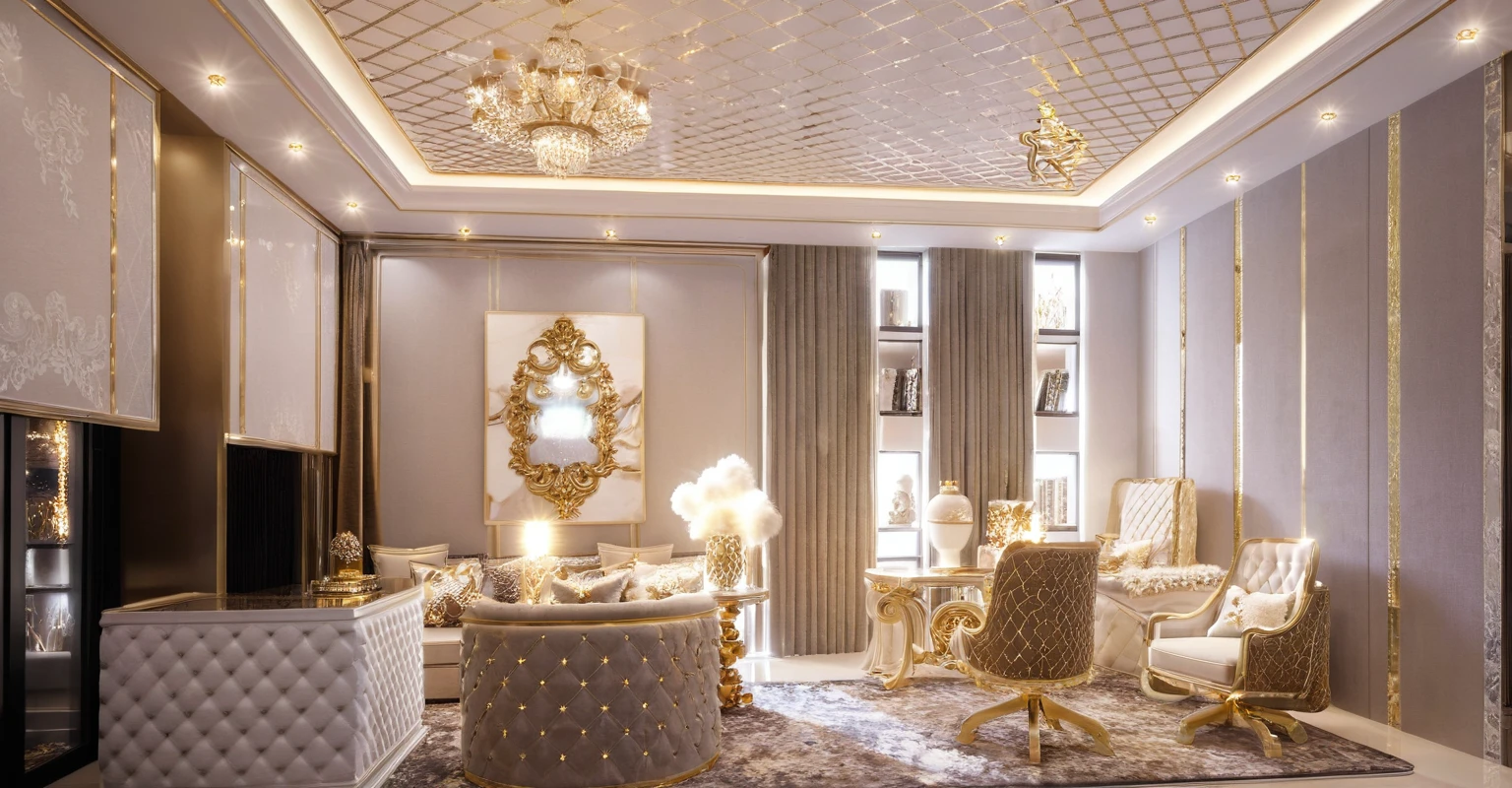 ，Masterpiece, Best quality，8K, Ultra-high resolution，When you step into the living room，Immediately surrounded by a rich atmosphere of luxury。Ornate crystal chandeliers hang high on the wall，Shine brightly。The sofa was covered with a soft white fluffy blanket，It is so comfortable，So much so that you can't help but indulge in it。In the corner of the living room is a delicate coffee table，Embellished with precious porcelain and champagne gold ornaments。Whenever it is late afternoon，The afterglow from the window spilled on the floor，Soft light and shadow are reflected，It was as if entering a dreamland。