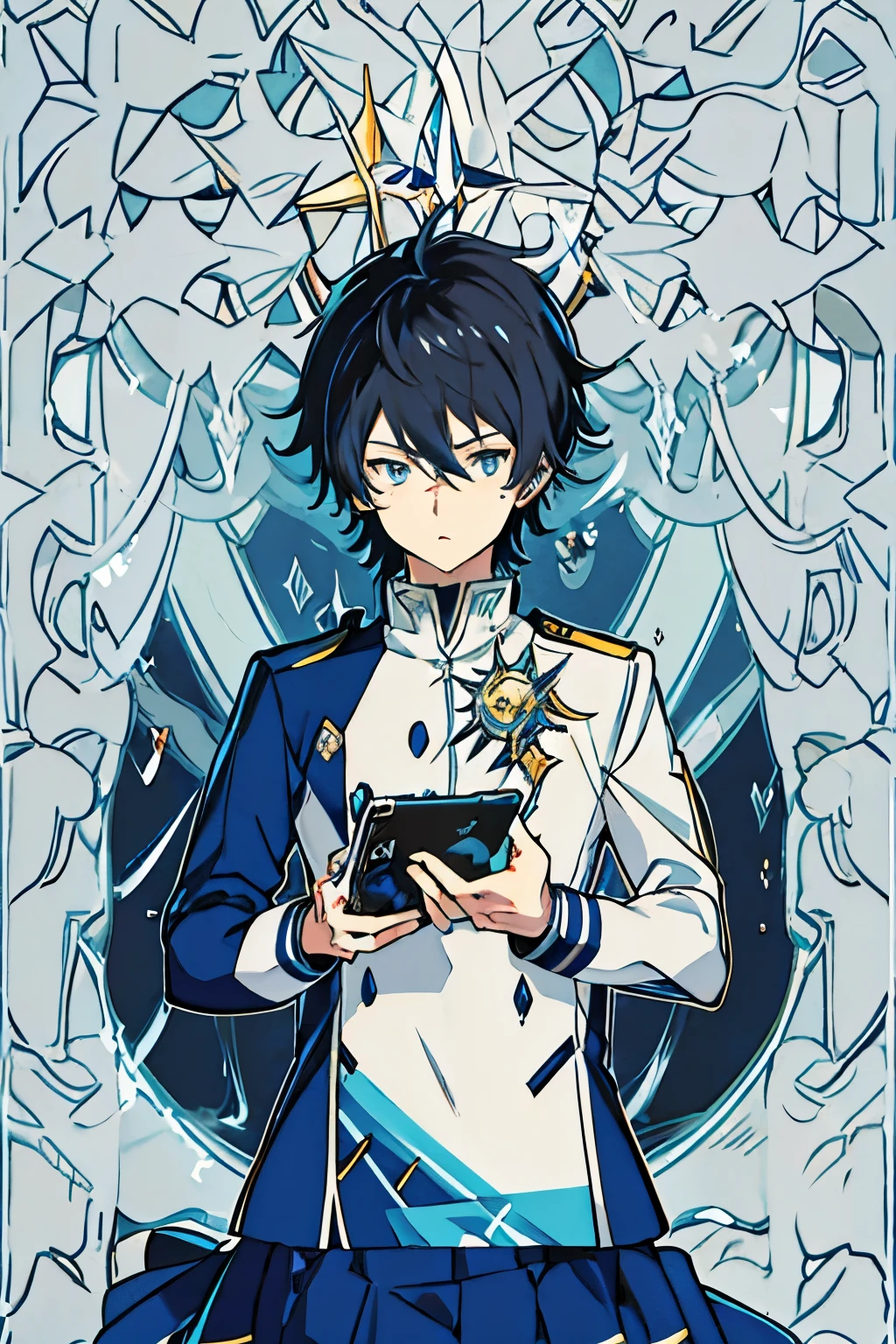 1. "Kaito, a rebellious high school student with spiky black hair and piercing blue eyes, discovers a hidden power to control technology with his mind."