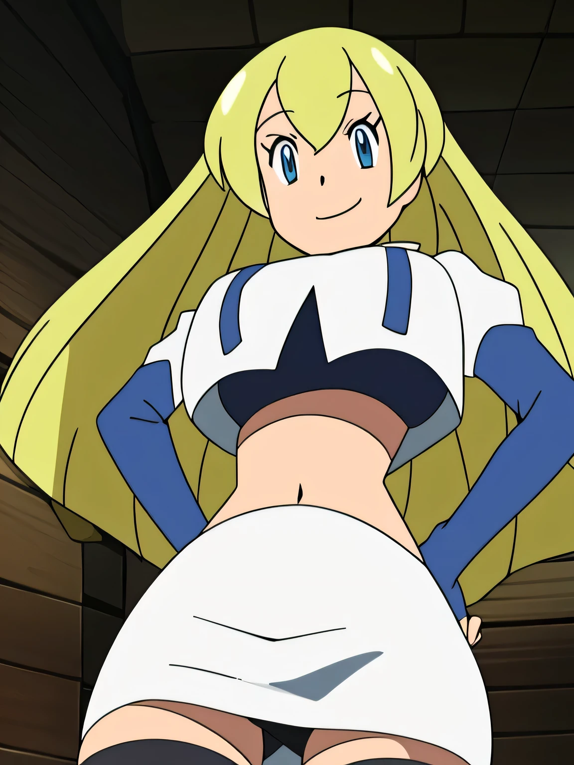 defcolette,very large breast,8k, masterpiece,highres,very large breast, team rocket uniform, red letter r, white skirt,white crop top,black thigh-high boots, black elbow gloves, seductive smile, looking down at viewer, hands on hips, cowboy shot, zettai ryouiki,from below, black panties,anime style, vivid colors, sharp focus, intense lighting,