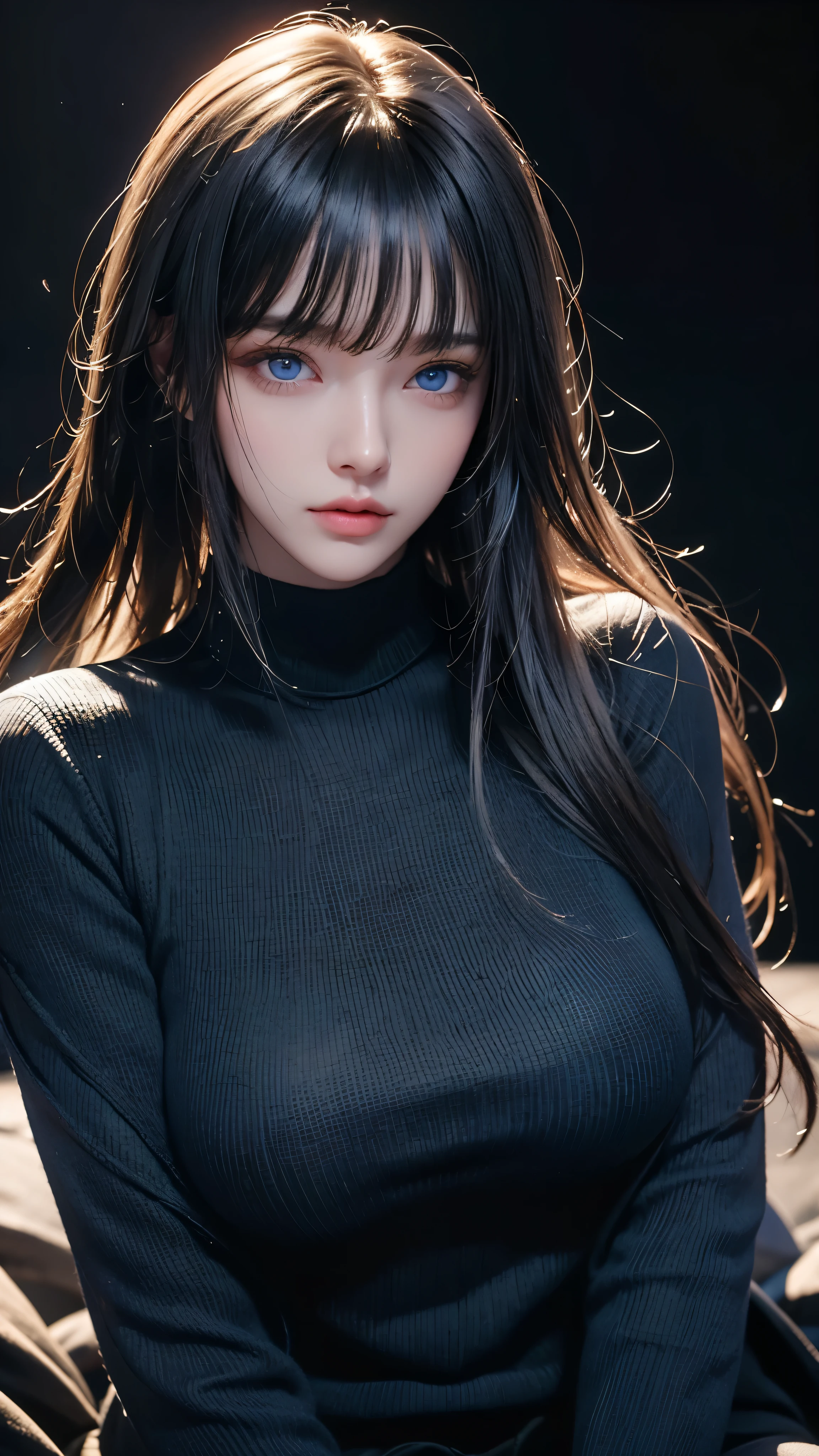 masterpiece, highest quality, Super detailed, Facing the camera, Super detailed, Realistic, Sharp features, Very detailed, Sharp focus, Perfect Face, Perfect Face, Perfect symmetrical perfect eyes, Perfect Plump Lips, Flexible female form, Cinematic, Film Light, Super detailed, hyper Realistic, masterpiece, Atmospheric, High resolution, Vibrant, Dynamic Studio Lighting, ((Dark Background)), The expression when enduring pleasure, Straight bangs, blue eyes,Black sweater, Cowboy Shot,turtleneck、first round、Sexually aroused expression、Clothes with a slit in the chest