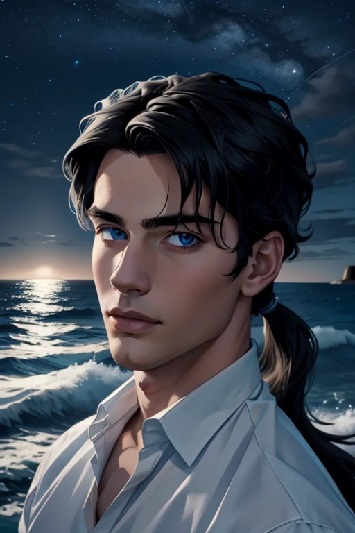 masterpiece, best quality,  1boy, solo, male focus, looking at viewer,  black hair, blue eyes, long ponytail, white shirt, ocean,  night sky, 25 years old 