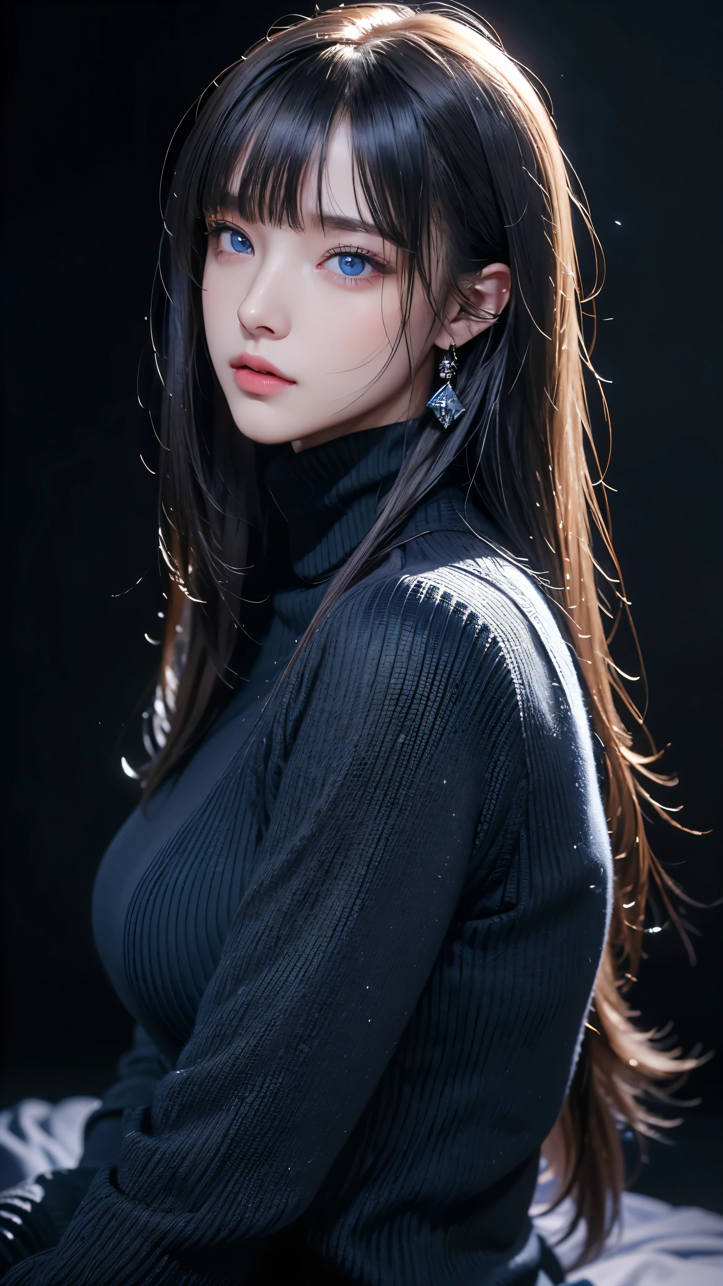 masterpiece, highest quality, Super detailed, Facing the camera, Super detailed, Realistic, Sharp features, Very detailed, Sharp focus, Perfect Face, Perfect Face, Perfect symmetrical perfect eyes, Perfect Plump Lips, Flexible female form, Cinematic, Film Light, Super detailed, hyper Realistic, masterpiece, Atmospheric, High resolution, Vibrant, Dynamic Studio Lighting, ((Dark Background)), The expression when enduring pleasure, Straight bangs, blue eyes,Black sweater, Cowboy Shot,turtleneck、first round、Sexually aroused expression、Clothes with a slit in the chest