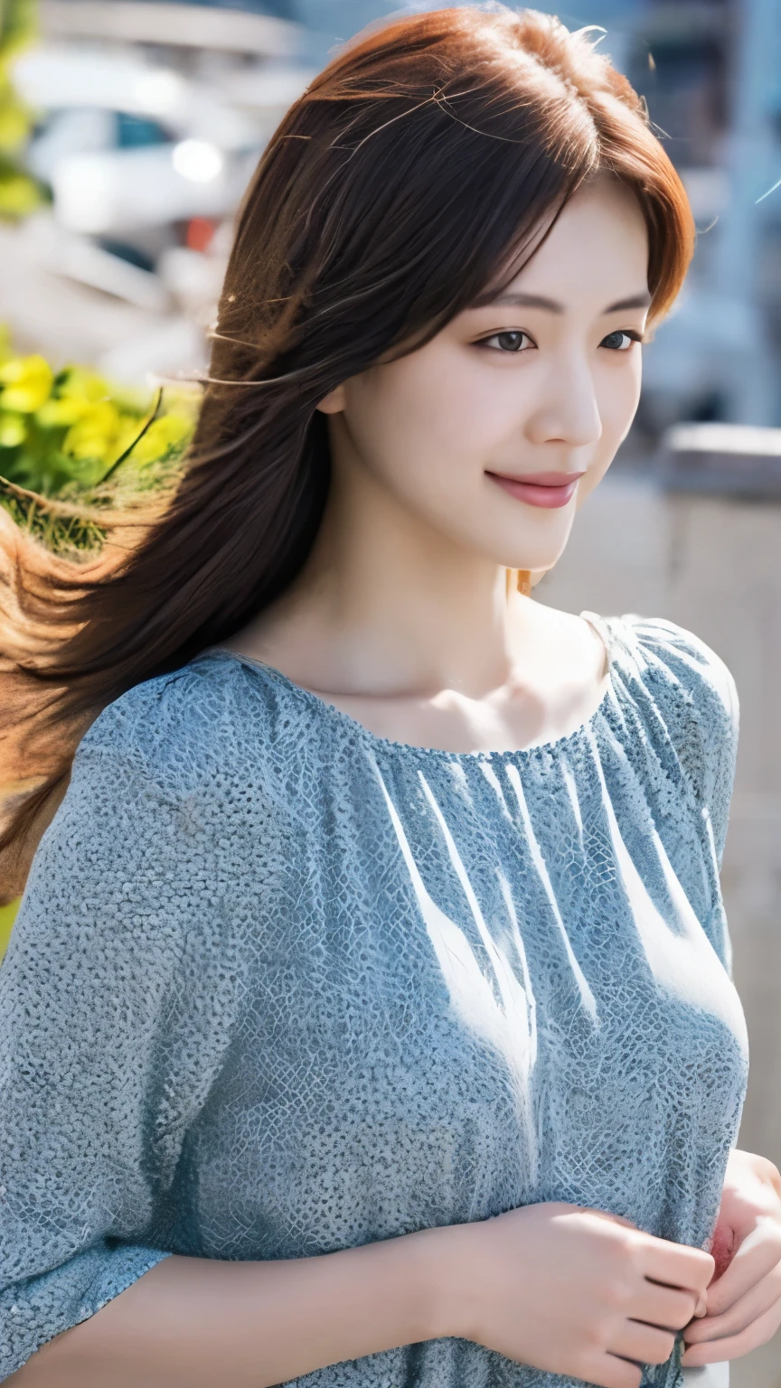 highest quality, One girl, (Skin Hollow), (Medium chest), (Day), bright, Background Blur, Outdoor, (street:0.6), (hair:1.5), (blouse:1.5), nice, (hair Float:1.5), Soft Light, Wind, garden, street