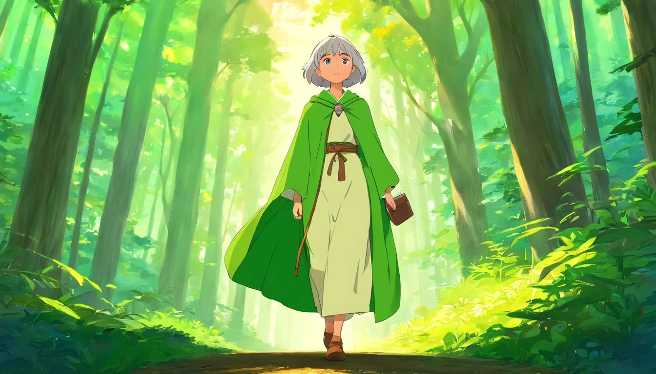 "In a vibrant, sunlit forest, a young female adventurer with short, white hair stands looking back over her shoulder. She has a determined and friendly expression on her face, with eyes filled with curiosity and confidence. She is wearing a green cloak that flows gracefully in the breeze and a light tunic underneath. The forest is lush and full of tall trees with light filtering through the canopy, casting a beautiful, dappled pattern on the forest floor. The background is filled with shades of green, creating a lively and refreshing atmosphere. Her belt is adorned with various pouches and tools, indicating she is well-prepared for her journey. The overall scene captures a sense of exploration, adventure, and the beauty of nature."