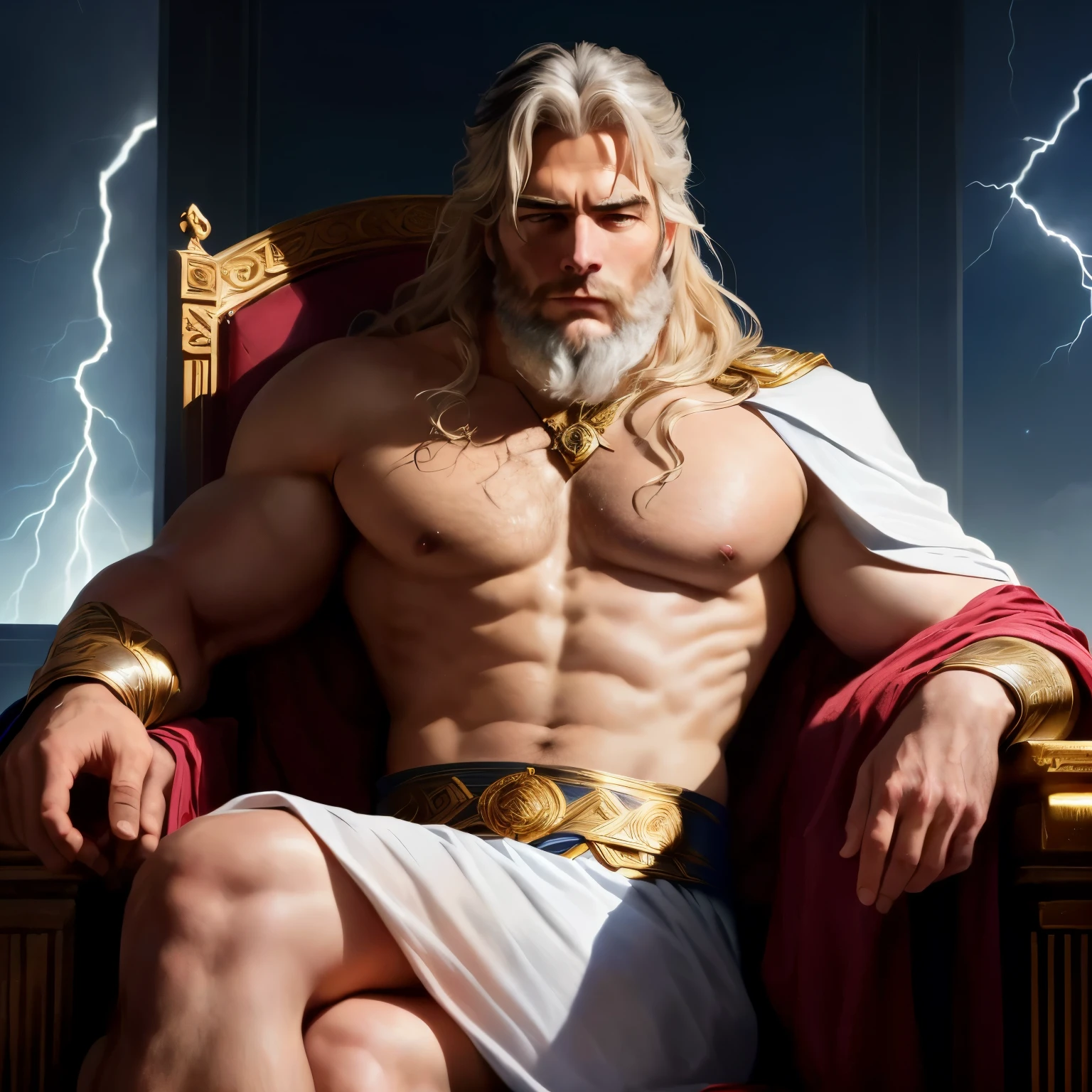 A man in his fifties sitting in a chair with lightning coming out of his chest, 激怒したgodゼウス, elon musk as a ギリシャのgod, epic scene of zeus, godゼウス, ギリシャのgod, Father Time, henry cavill as a ギリシャのgod, god々Stoic and stoic, the ギリシャのgod, 古代の鍛冶のgod, オリンピアのgod, shortage々Painting portrait of the new Zeus