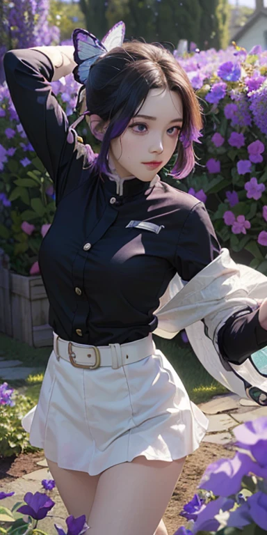 Ultra-realistic 8k CG,white panties:1,4、 masterpiece,（mini skirt生脚white panties:1.4） close, (weapon in hand: 1.2), (attack: 1.2), beauty, goddess, （生脚white panties:1.3）,from the front, face sticking out, (super detailed background, delicate pattern, intricate details)), high quality, highly detailed face, （White panties and bare legs visible through a super mini skirt:1.4）、highly detailed eyes and face, highly detailed eyes, kocho shinobi, colorful hair, No bangs, hair intake, purple eyes, amount, black shirt, black pants (Haori, butterfly, button, belt, (garden: 1.2), purple flowers, Chibi, cloudy null, sunlight, Tyndall effect, exy、Slope_null, face, gorgeous null, Sword at the waist,Ultra-realistic 8k CG, masterpiece,（mini skirt:1.4） close, (weapon in hand: 1.2), (attack: 1.2), beauty, goddess, from the front, face sticking out, (super detailed background, delicate pattern, intricate details)), high quality, highly detailed face, highly detailed eyes and face, highly detailed eyes, kocho shinobi, colorful hair, No bangs, hair intake, purple eyes, amount, black shirt, black pants (Haori, butterfly, button, belt, (garden: 1.2), purple flowers, Chibi, cloudy null, sunlight, Tyndall effect, Slope_null, face, gorgeous null, Sword at the waist,