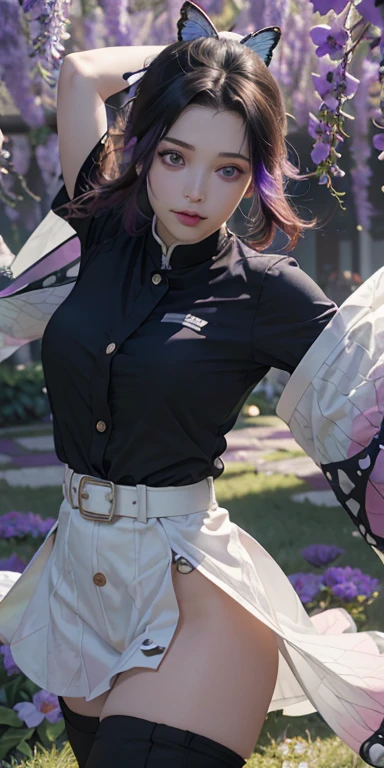 Ultra-realistic 8k CG,white panties:1,4、 masterpiece,(mini skirt生脚white panties:1.4) close, (weapon in hand: 1.2), (attack: 1.2), beauty, goddess, (生脚white panties:1.3),from the front, face sticking out, (super detailed background, delicate pattern, intricate details)), high quality, highly detailed face, (White panties and bare legs visible through a super mini skirt:1.4)、highly detailed eyes and face, highly detailed eyes, kocho shinobi, colorful hair, No bangs, hair intake, purple eyes, amount, black shirt, black pants (Haori, butterfly, button, belt, (garden: 1.2), purple flowers, Chibi, cloudy null, sunlight, Tyndall effect, exy、Slope_null, face, gorgeous null, Sword at the waist,Ultra-realistic 8k CG, masterpiece,(mini skirt:1.4) close, (weapon in hand: 1.2), (attack: 1.2), beauty, goddess, from the front, face sticking out, (super detailed background, delicate pattern, intricate details)), high quality, highly detailed face, highly detailed eyes and face, highly detailed eyes, kocho shinobi, colorful hair, No bangs, hair intake, purple eyes, amount, black shirt, black pants (Haori, butterfly, button, belt, (garden: 1.2), purple flowers, Chibi, cloudy null, sunlight, Tyndall effect, Slope_null, face, gorgeous null, Sword at the waist,