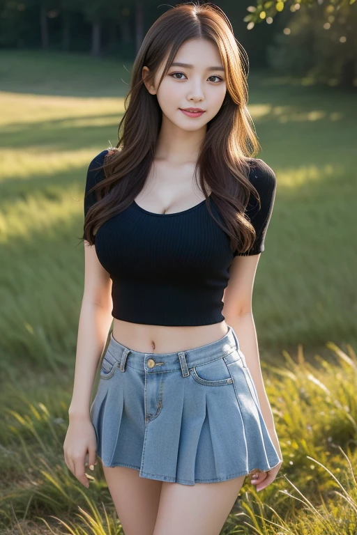 a young beautiful girl in a field, detailed face and eyes, long messy hair, cowboy shot, wearing a black shirt and gray pleated miniskirt, large breasts and small waist, 19 years old Korean idol, smiling, cleavage visible, (best quality,8k,hyperdetailed,photorealistic:1.4),(realistic:1.37),masterpiece,HDR,studio lighting,extremely detailed facial features,detailed clothes,perfect body proportions,beautiful lighting,flawless skin,intricate details,warm color tones,soft depth of field