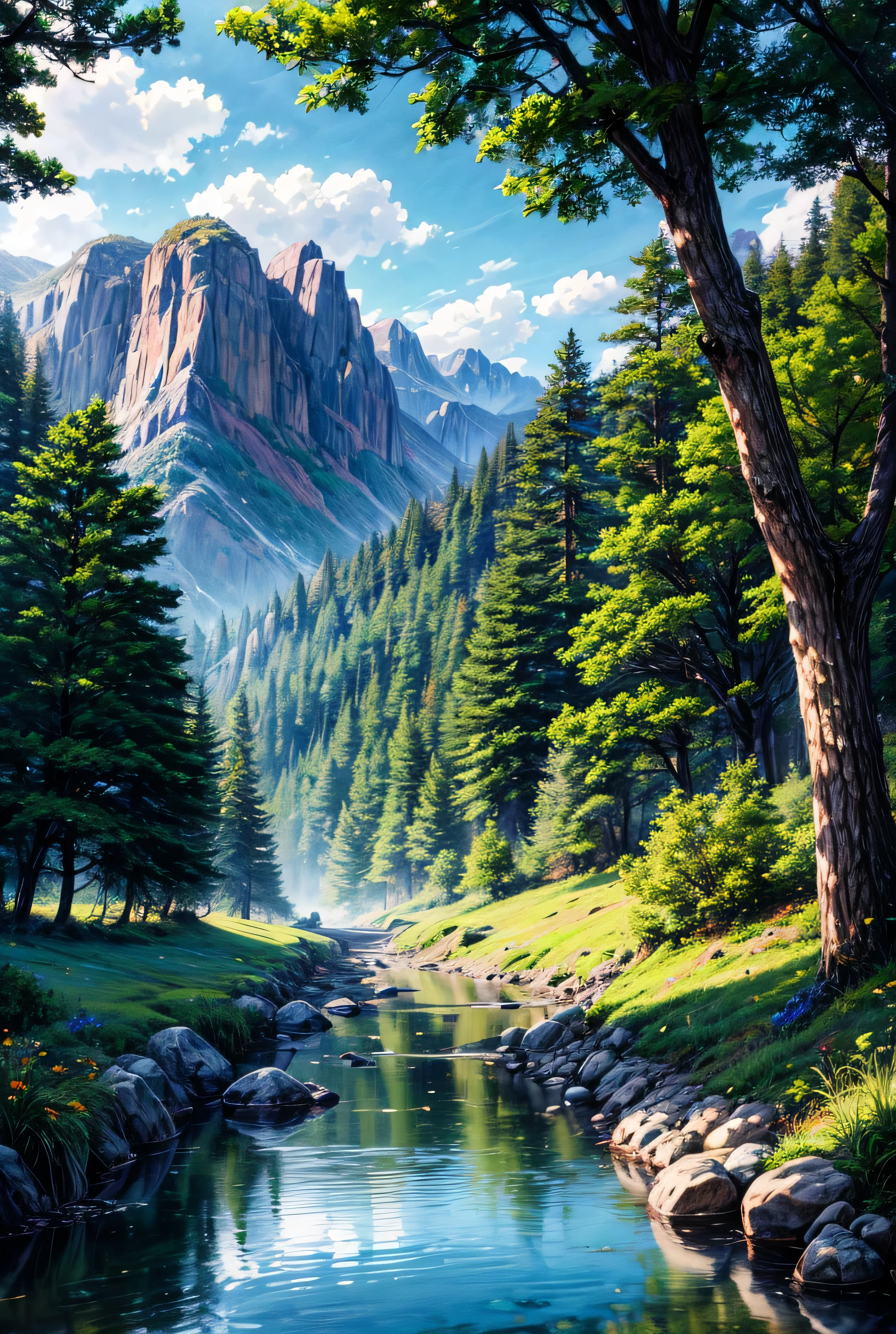 an anime-style portrayal of a secluded valley surrounded by towering mountains and dense forests. A gentle stream winds its way through the valley, reflecting the vibrant colors of the surrounding foliage. Birds chirp happily in the trees, while deer graze peacefully in the meadows. The air is filled with the scent of pine and wildflowers, creating a sense of tranquility and harmony